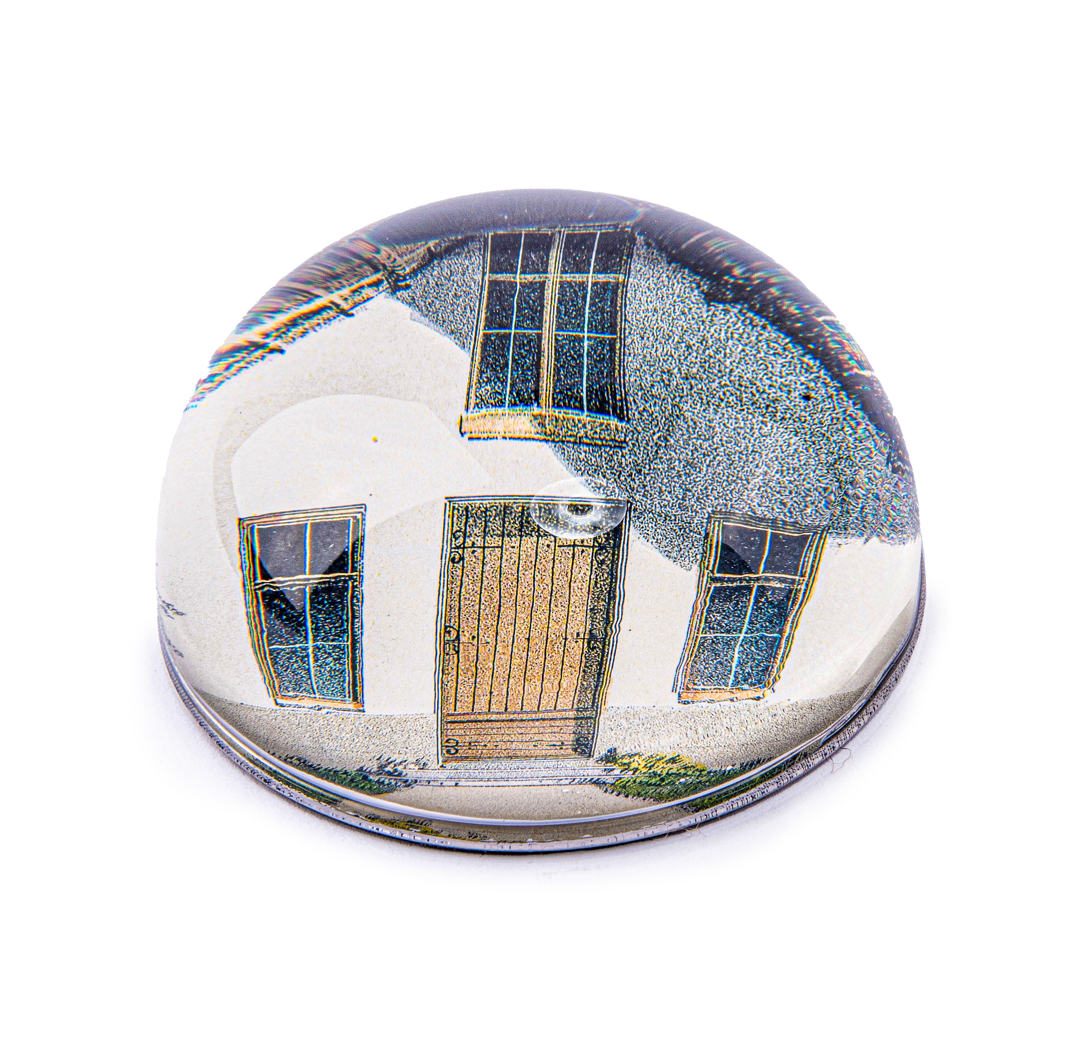John Derian. Dome Paperweight with House Illustration