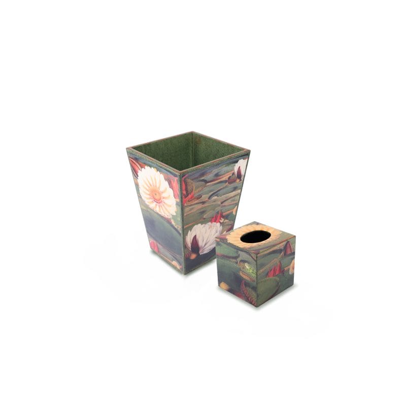 Annie Modica. Set of Wastebasket & Tissue Box Featuring Greenery Scene