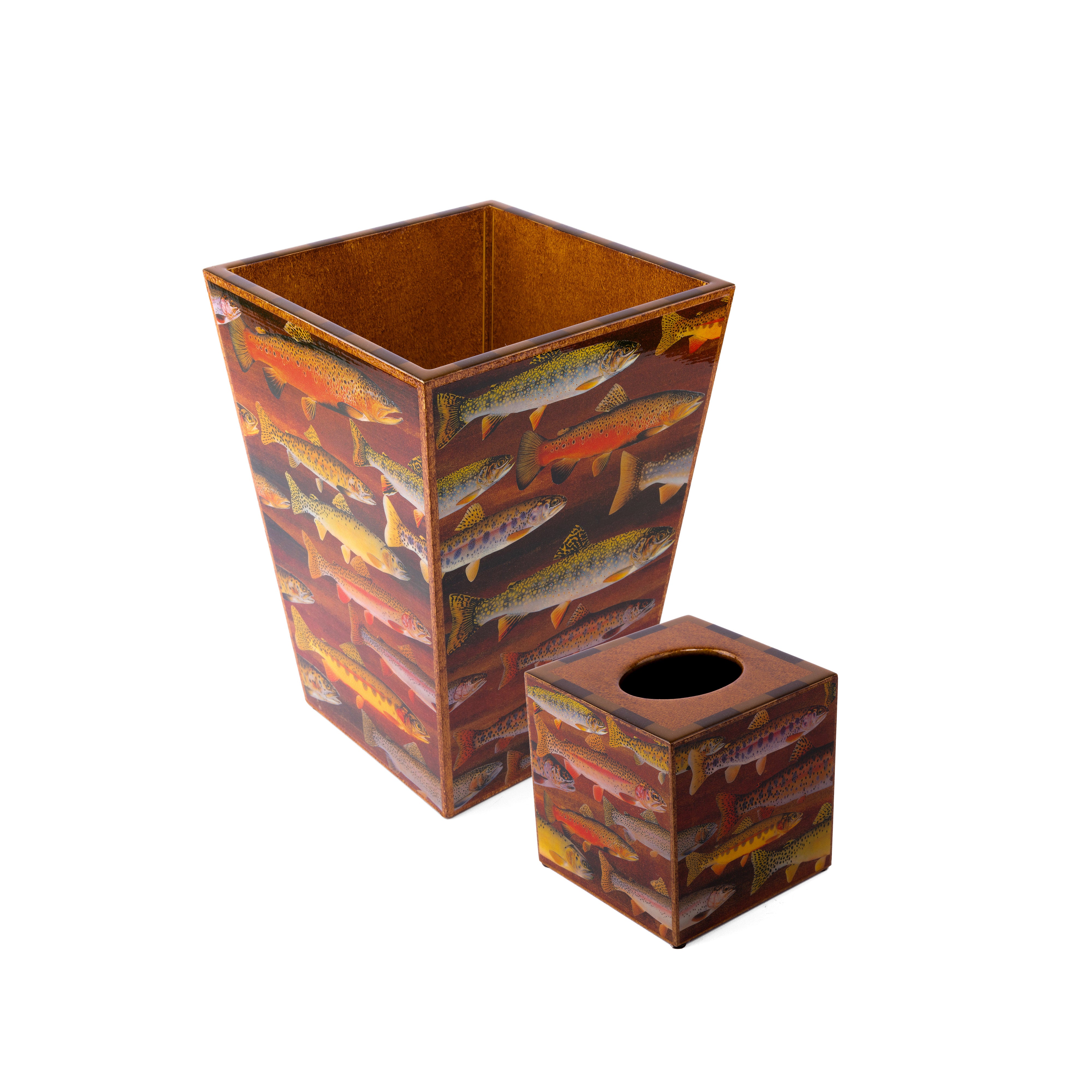 Annie Modica. Set of Wastebasket & Tissue Box Featuring Fish Design