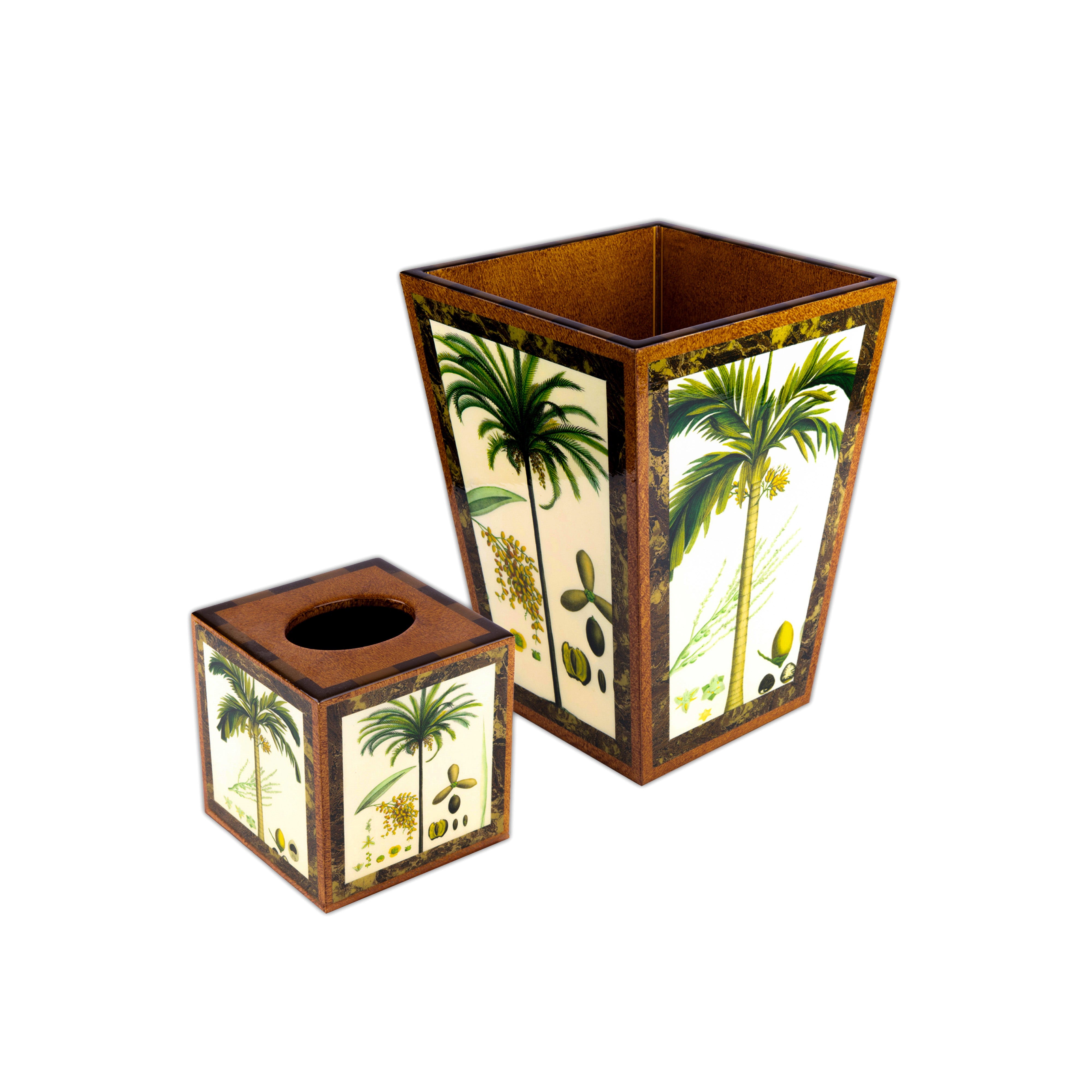 Annie Modica. Set of Wastebasket & Tissue Box Designed with Palm Trees
