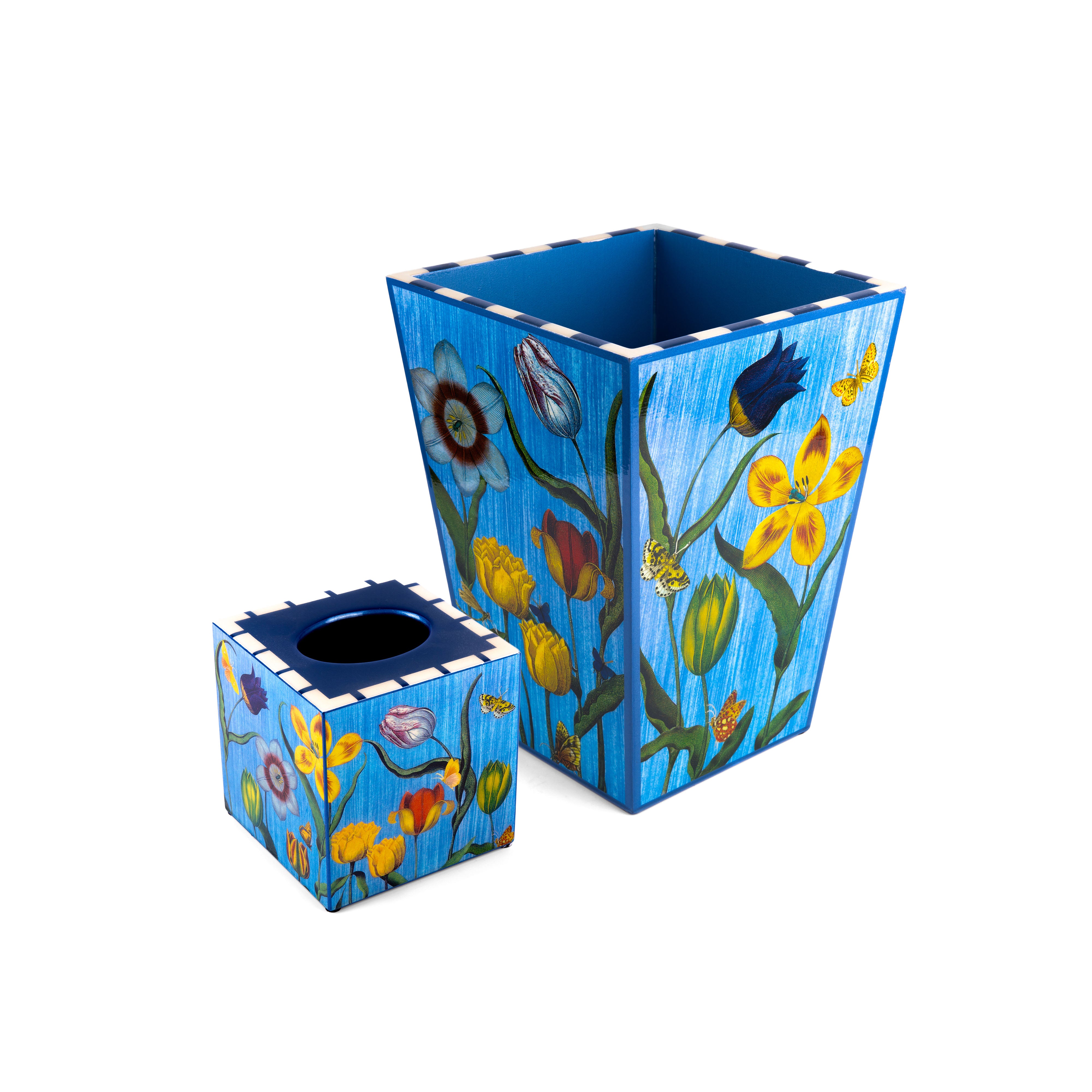 Annie Modica. Set of Wastebasket & Tissue Box in Blue Floral Print