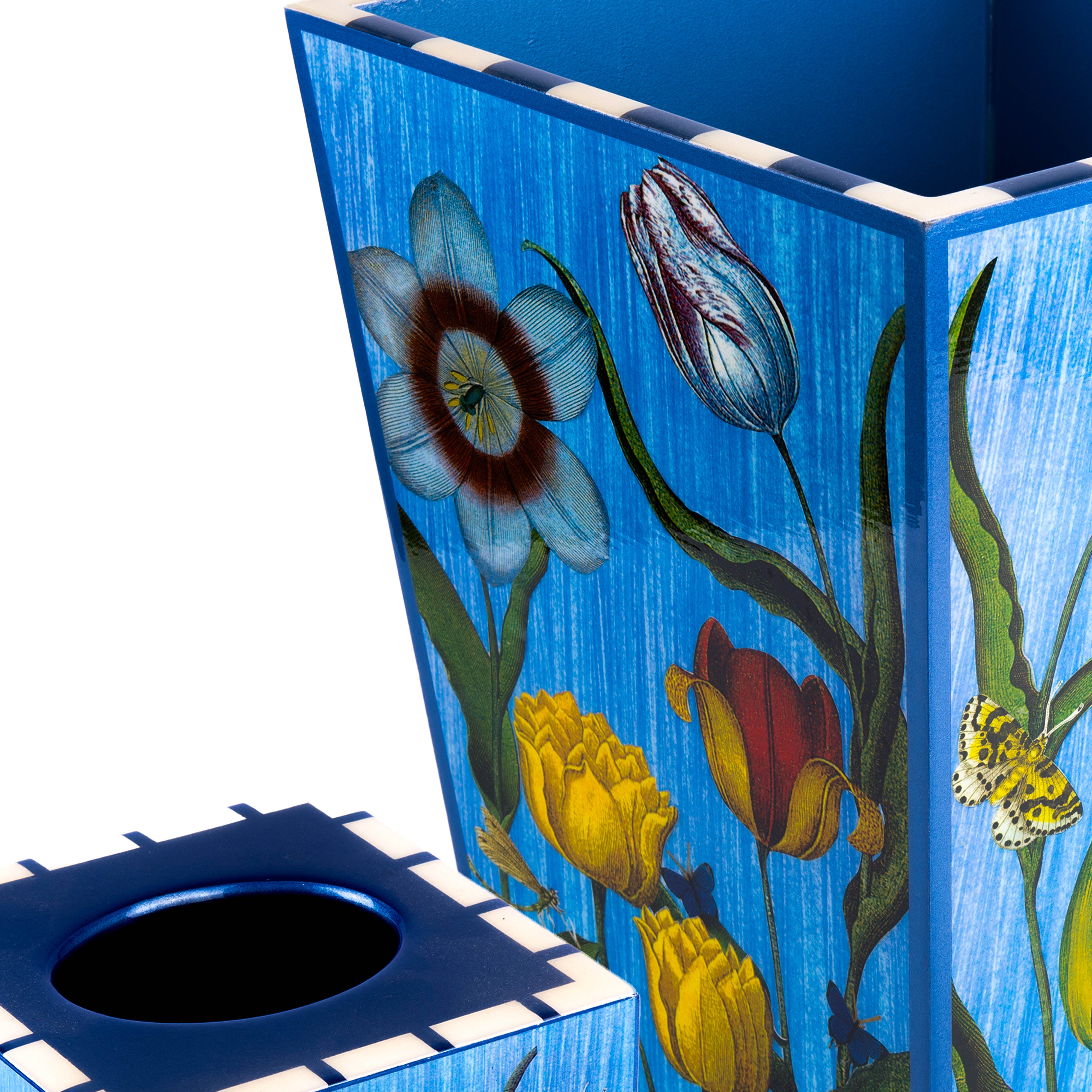 Annie Modica. Set of Wastebasket & Tissue Box in Blue Floral Print