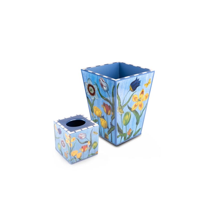 Annie Modica. Set of Wastebasket & Tissue Box in Blue Floral Print