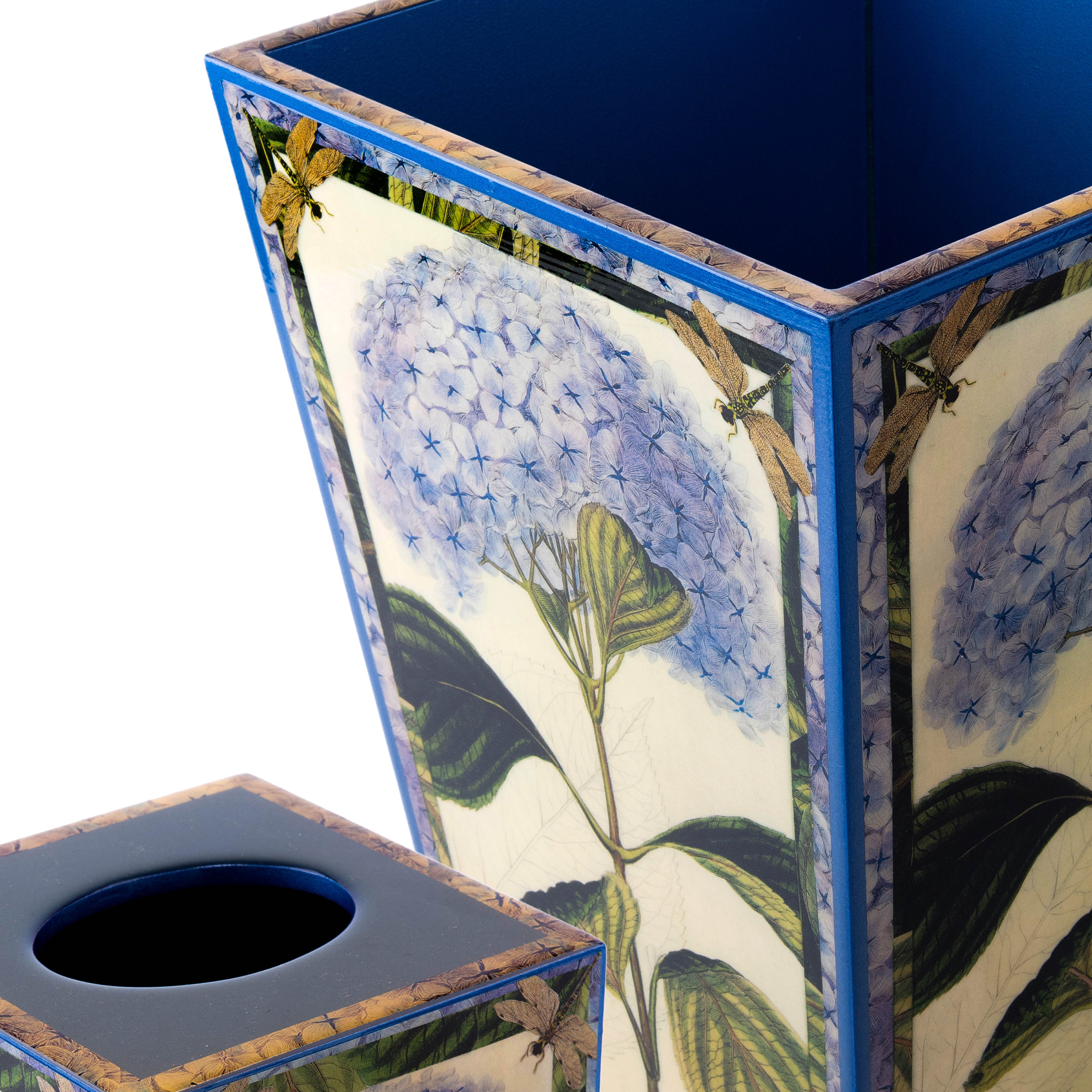 Annie Modica. Set of Wastebasket & Tissue Box Designed with Blue Hydrangea