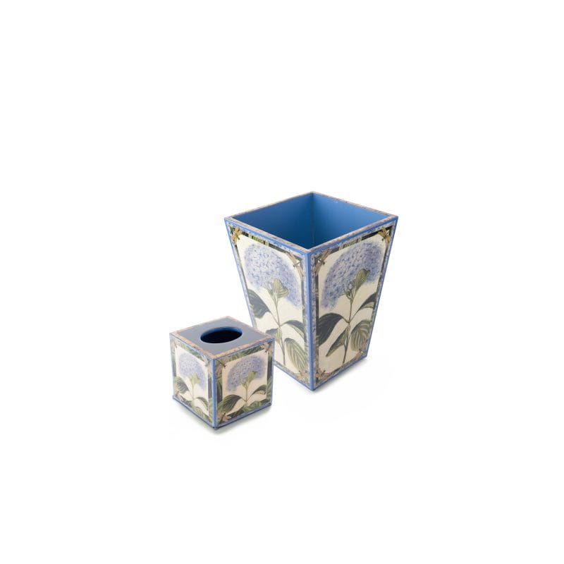 Annie Modica. Set of Wastebasket & Tissue Box Designed with Blue Hydrangea