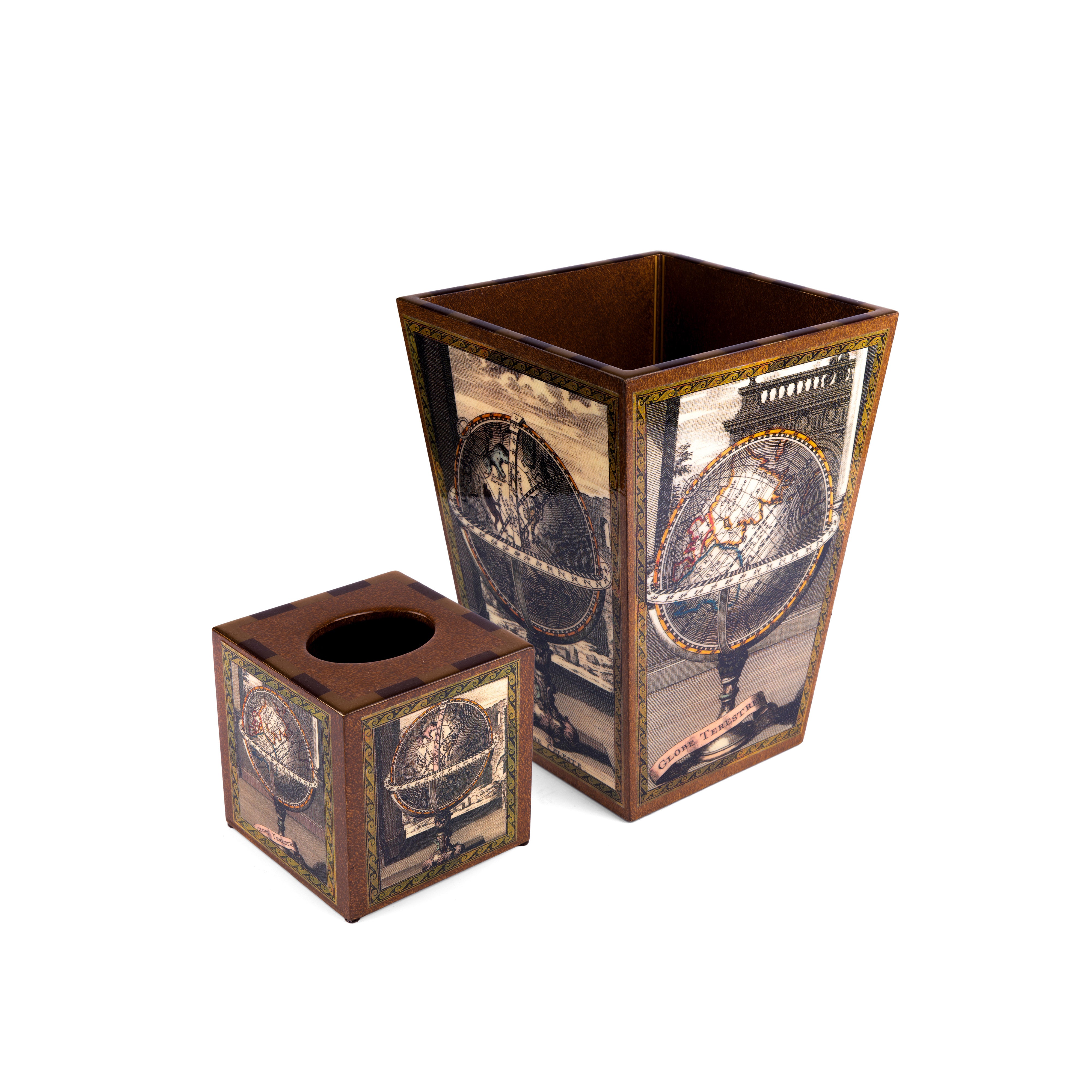 Annie Modica. Set of Wastebasket & Tissue Box Designed with Globe Prints