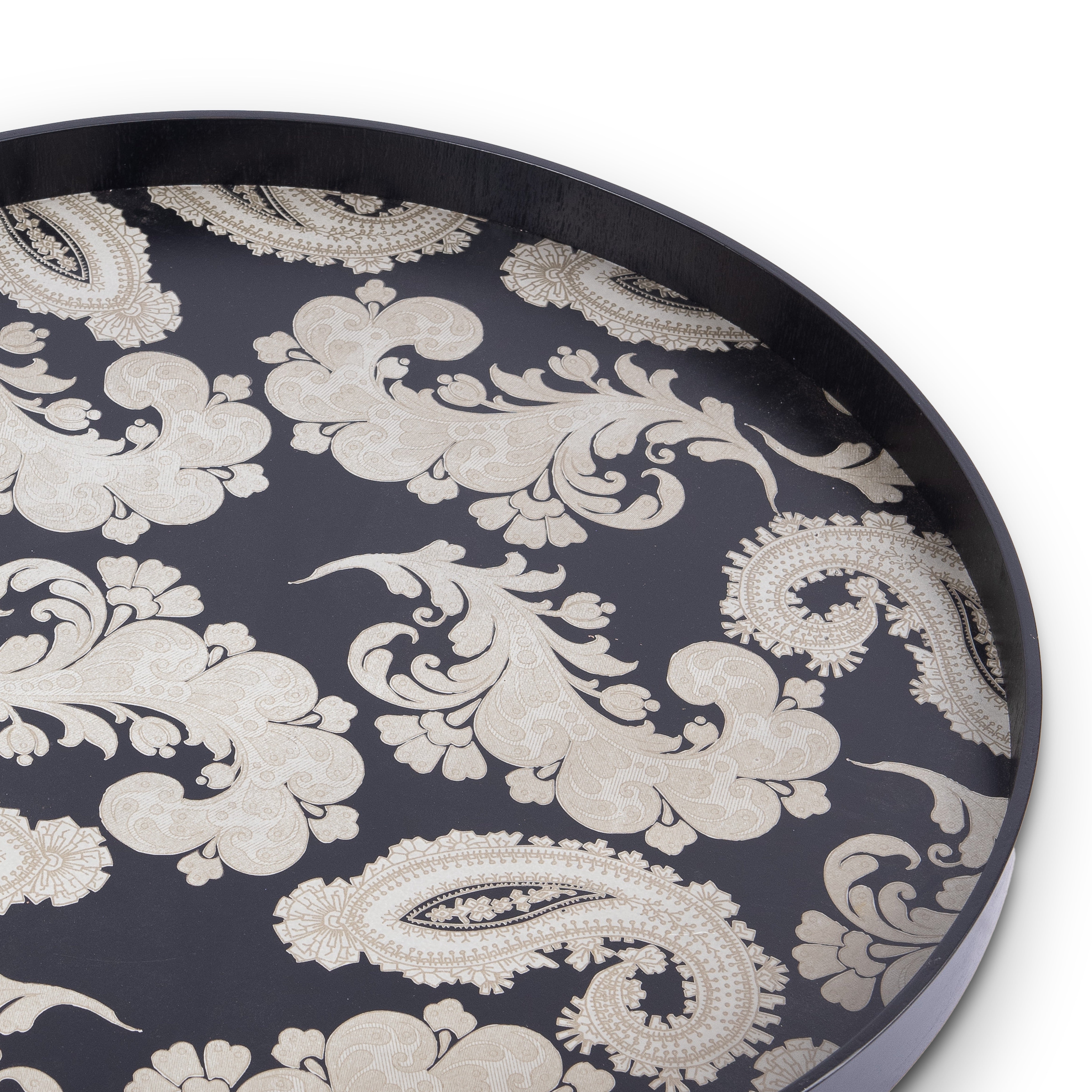 Notre Monde. Moroccan Rounded Wooden Serving Tray with Floral Design. Large Size