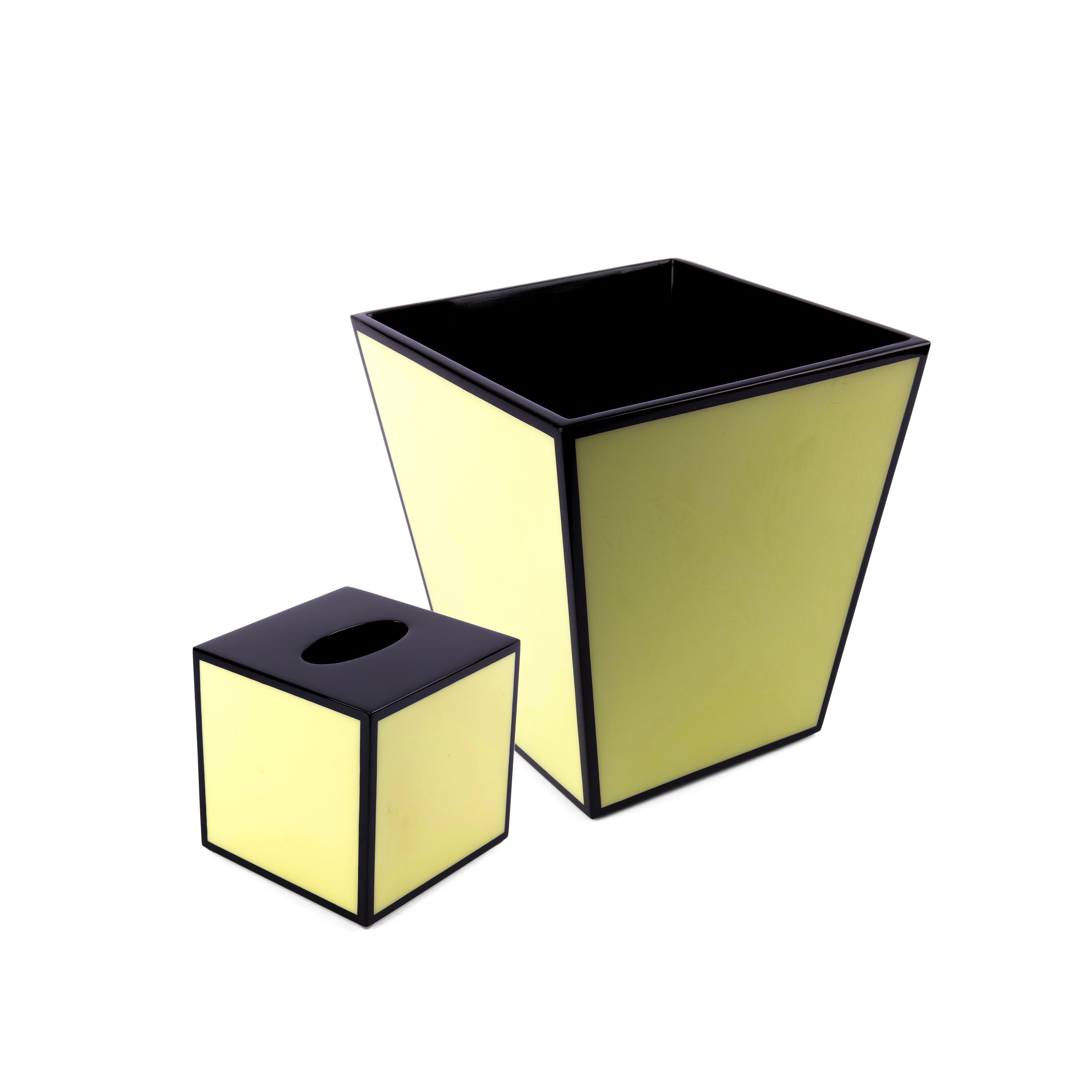 Pacific Connections. A Set of Wastebasket & Tissue Box in Black & Green