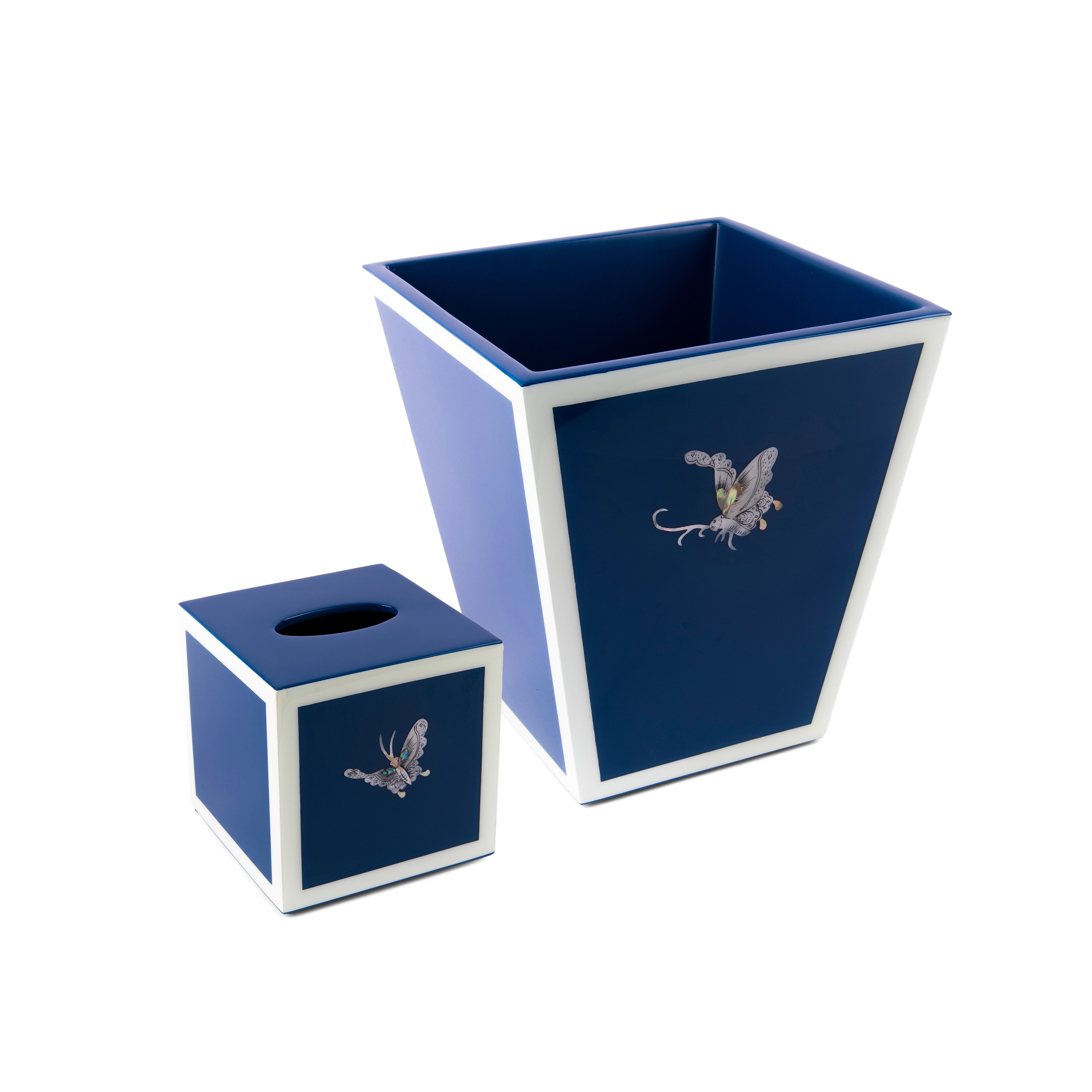 Pacific Connections. A Set of Wastebasket & Tissue Box in Blue with White Trim
