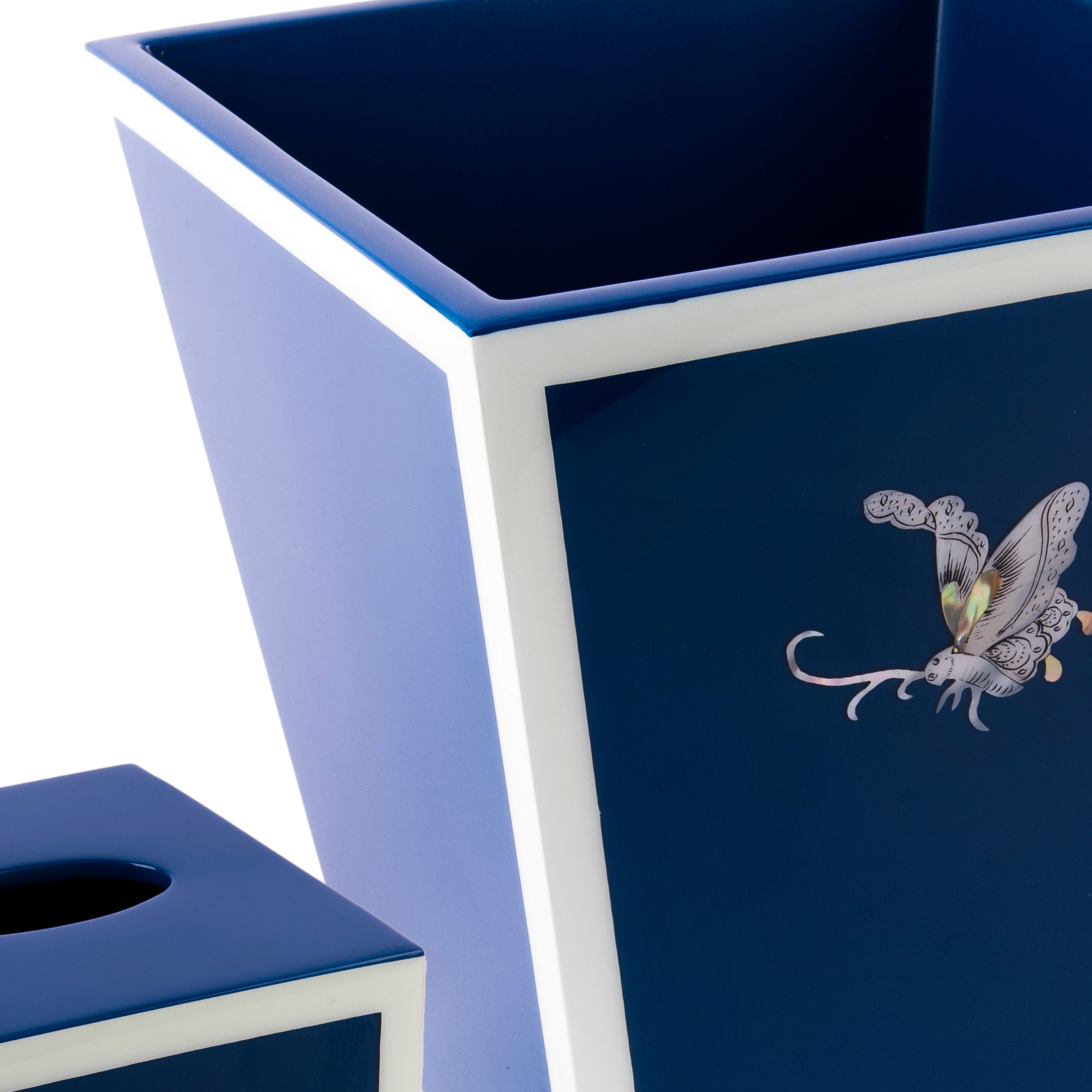 Pacific Connections. A Set of Wastebasket & Tissue Box in Blue with White Trim