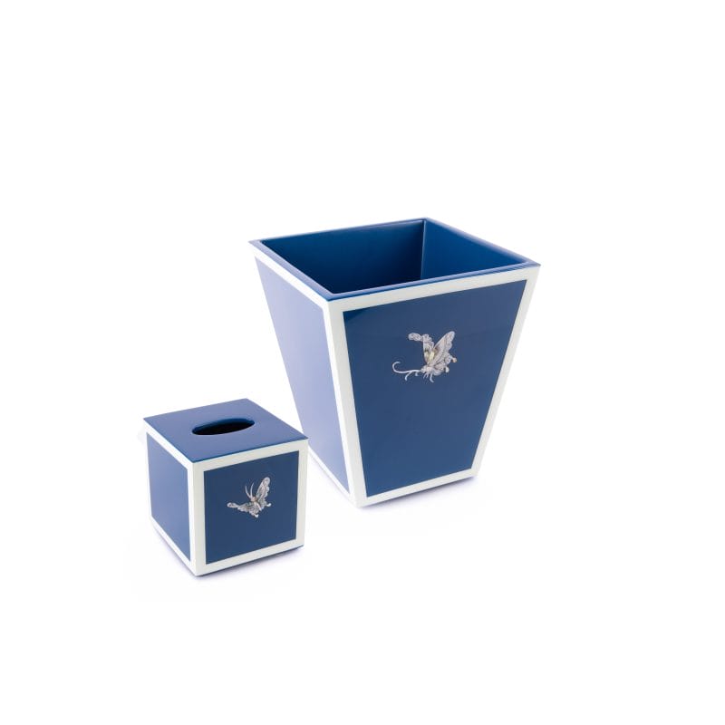 Pacific Connections. A Set of Wastebasket & Tissue Box in Blue with White Trim