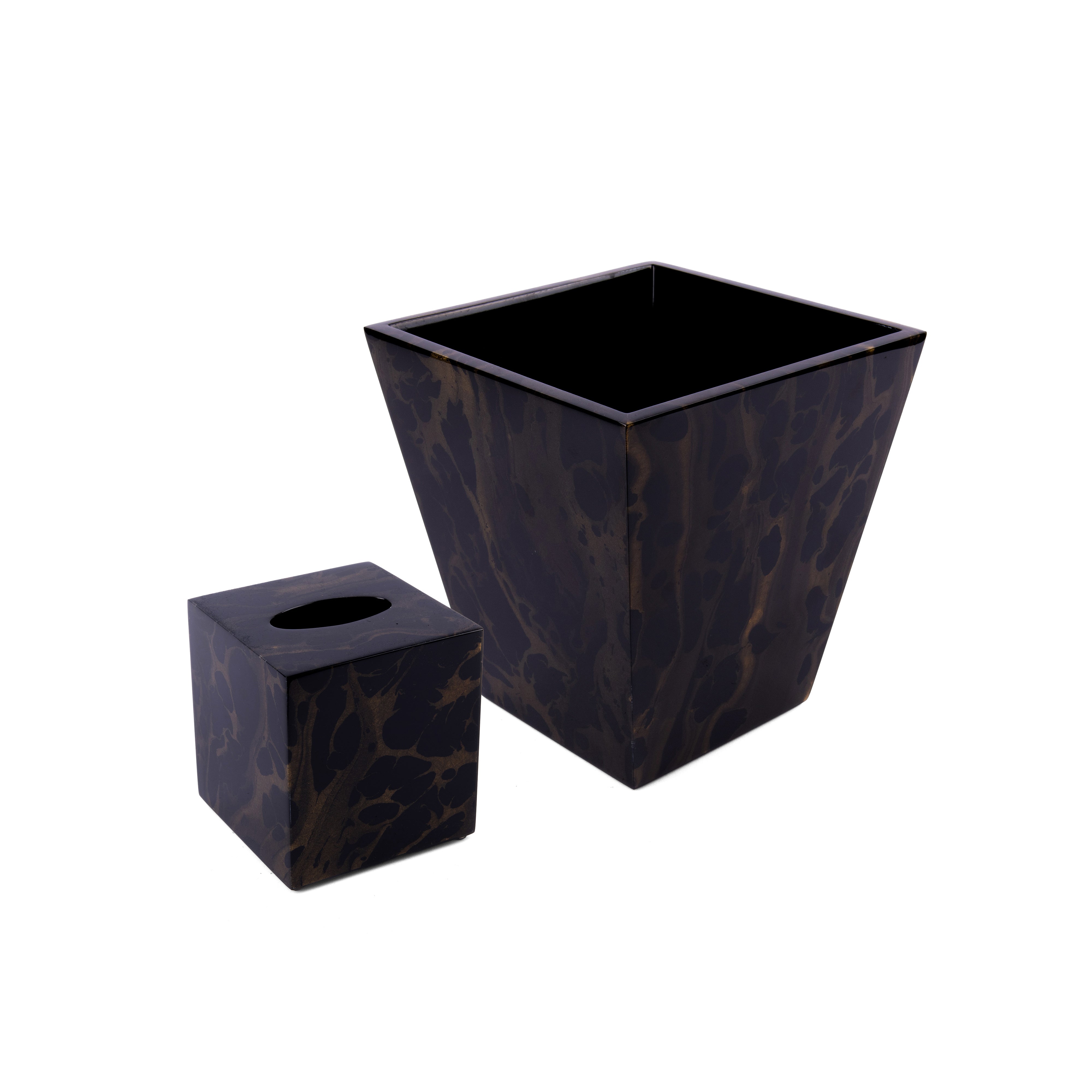 Pacific Connections. A Set of Black & Gold Wastebasket & Tissue Box