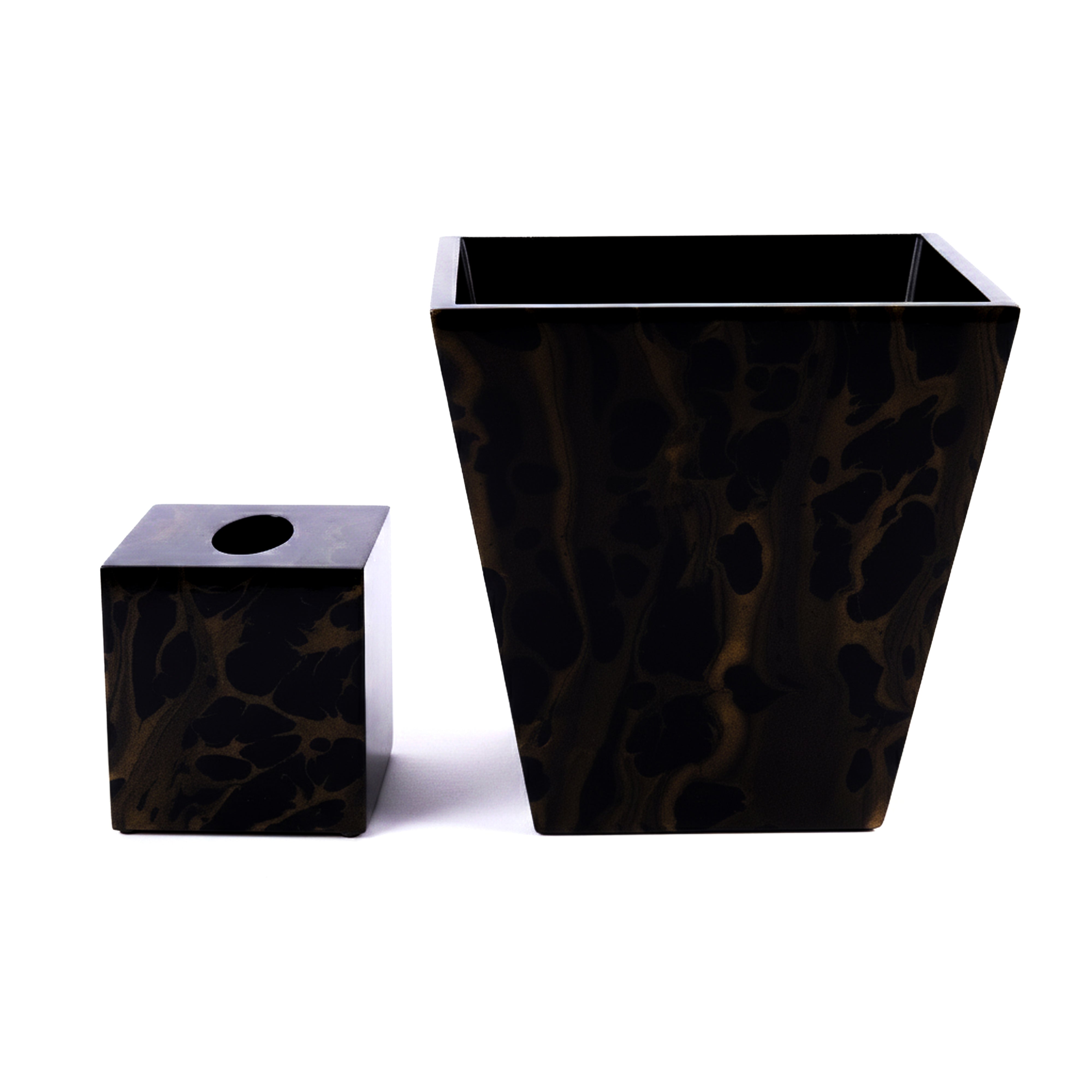 Pacific Connections. A Set of Black & Gold Wastebasket & Tissue Box