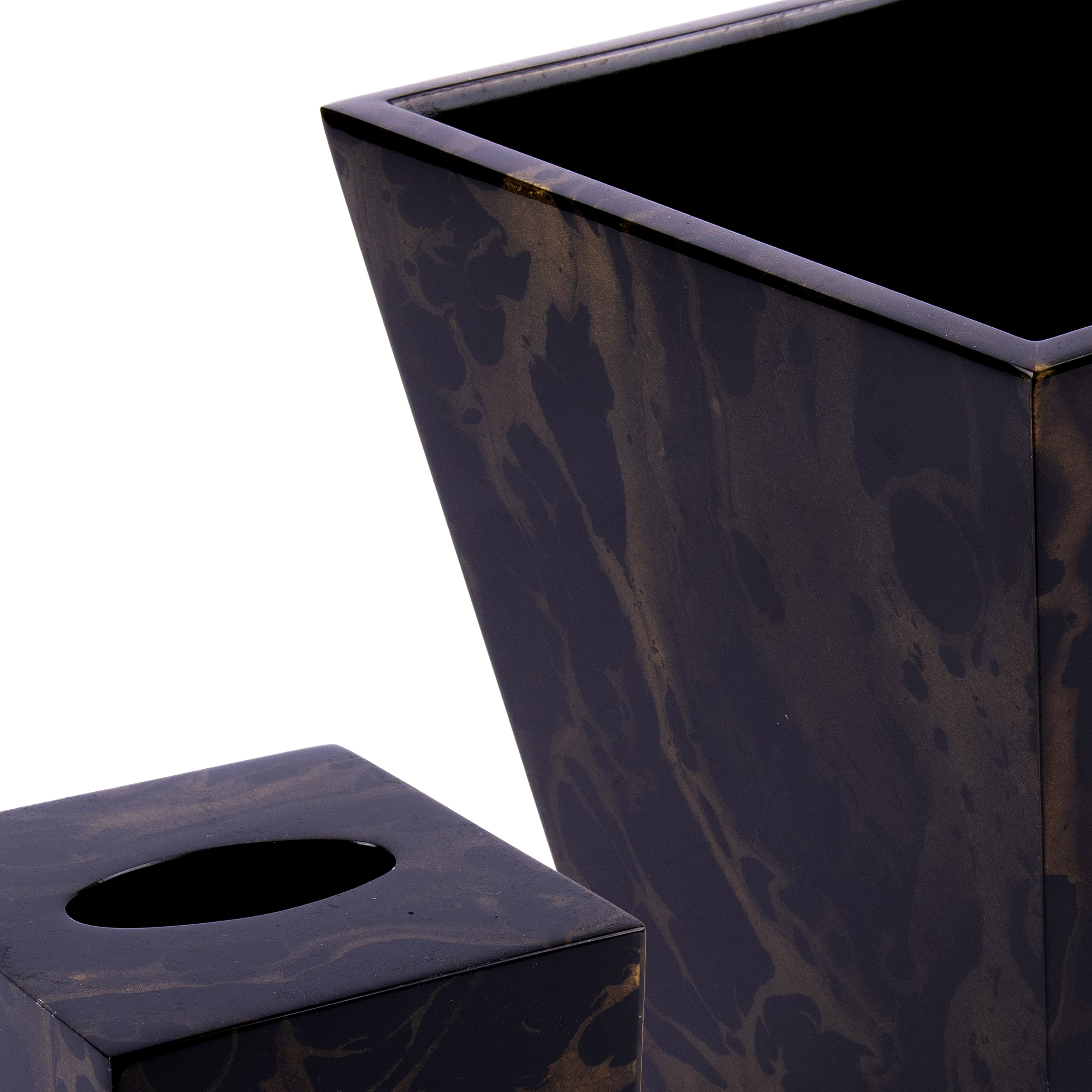 Pacific Connections. A Set of Black & Gold Wastebasket & Tissue Box
