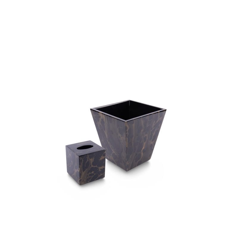 Pacific Connections. A Set of Black & Gold Wastebasket & Tissue Box