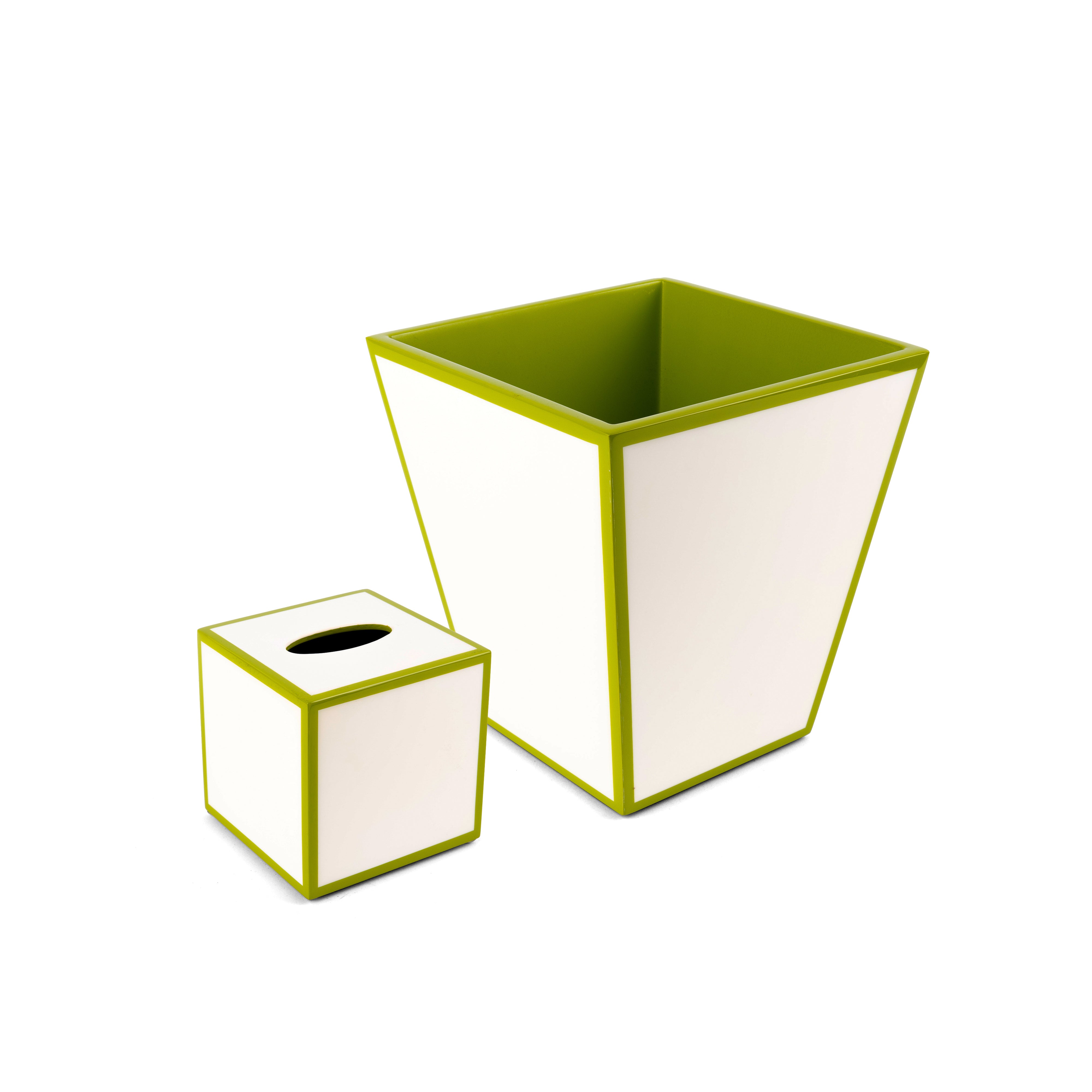 Pacific Connections. A Set of Wastebasket & Tissue Box in White & Green