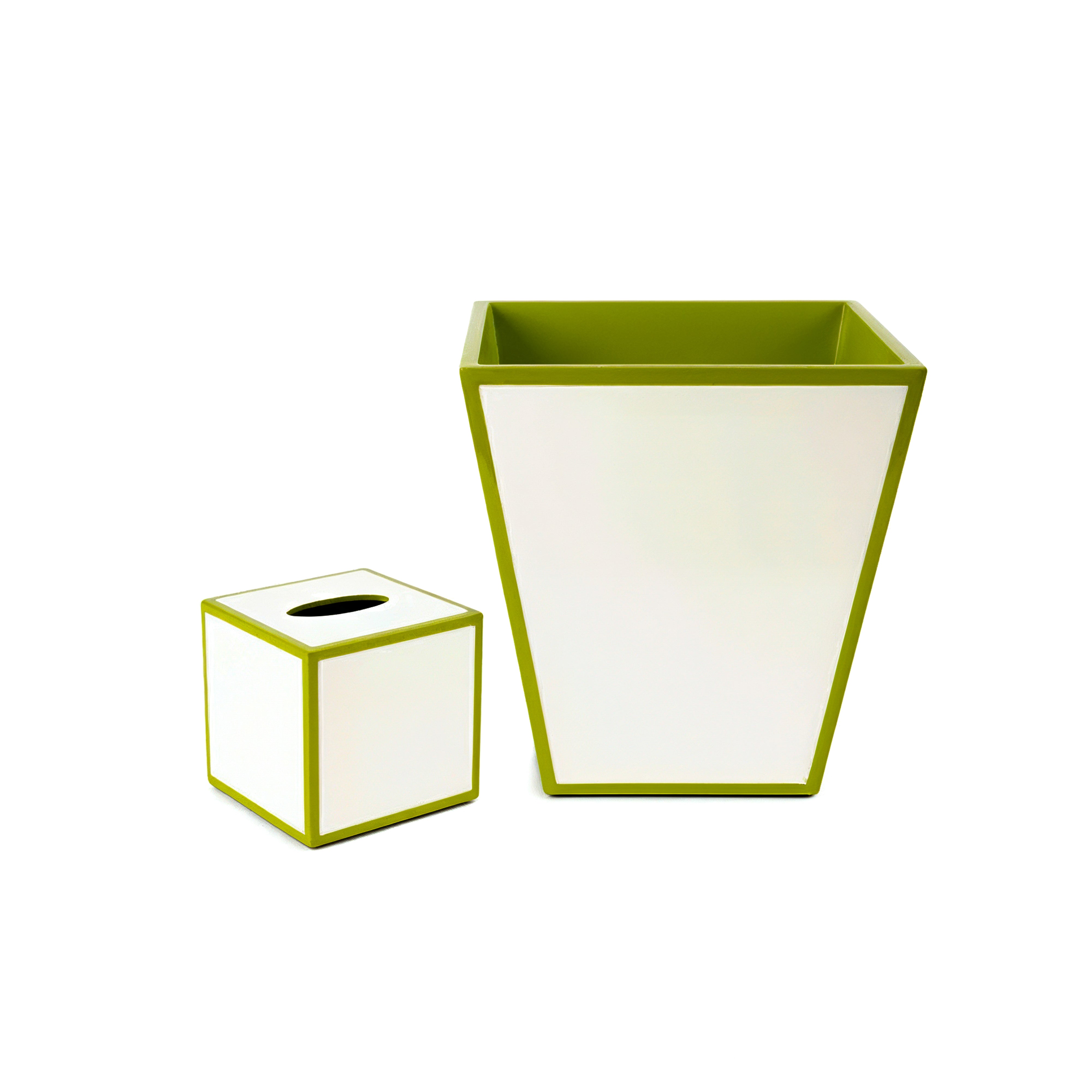 Pacific Connections. A Set of Wastebasket & Tissue Box in White & Green