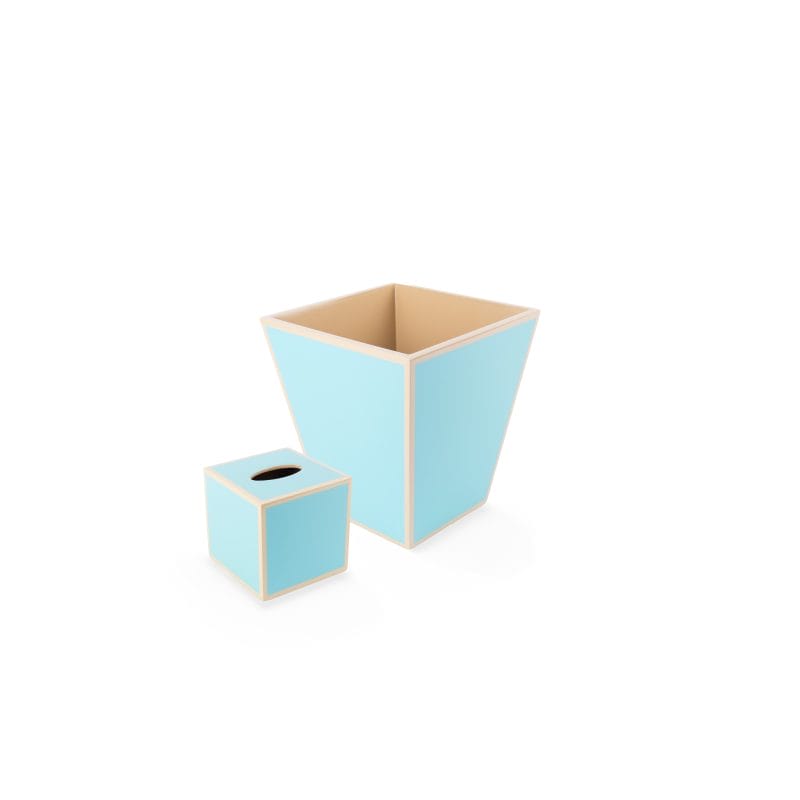 Pacific Connections. A Set of Wastebasket & Tissue Box in Baby Blue with Beige Trim