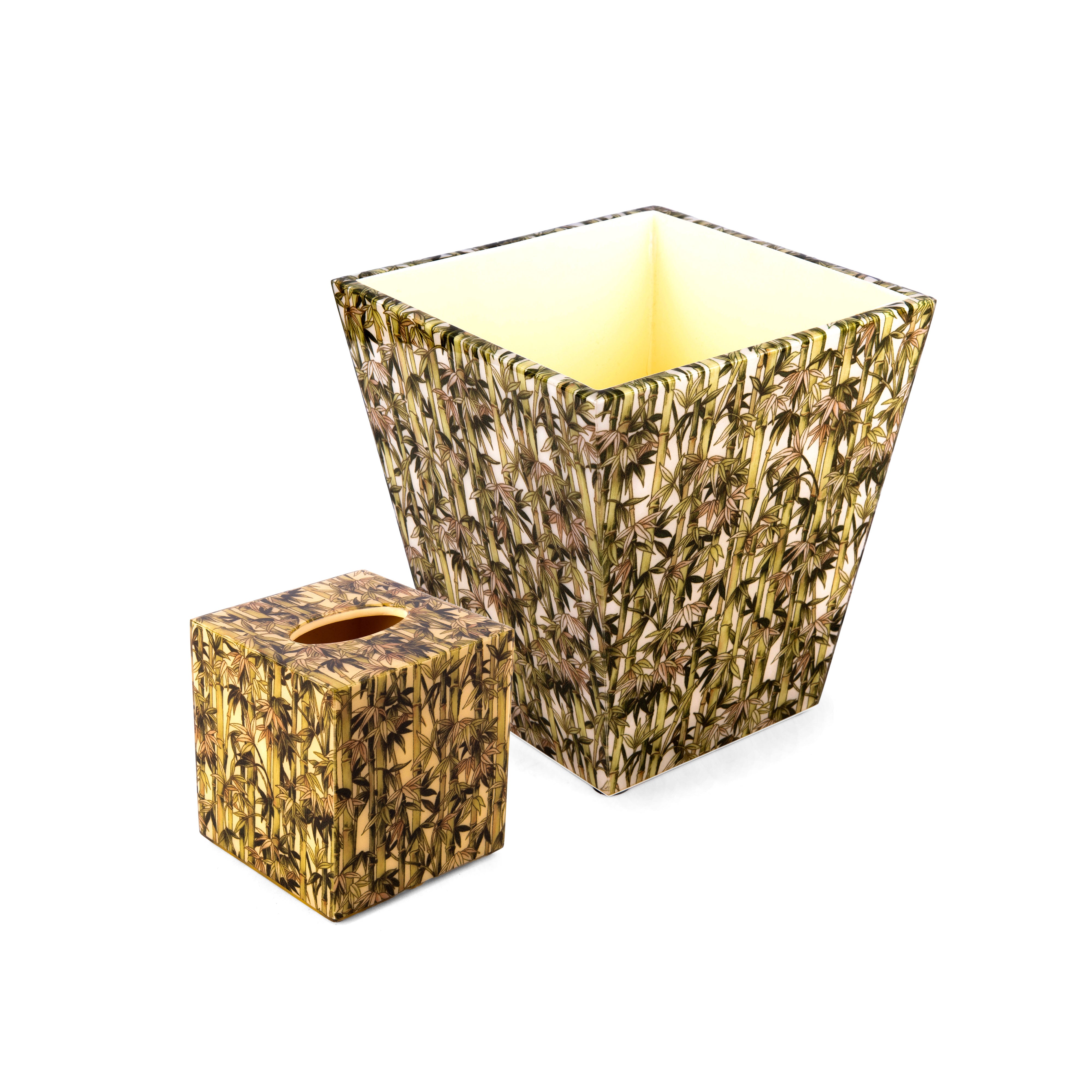Pacific Connections. A Set of Wastebasket & Tissue Box in Bamboo Leaves Design