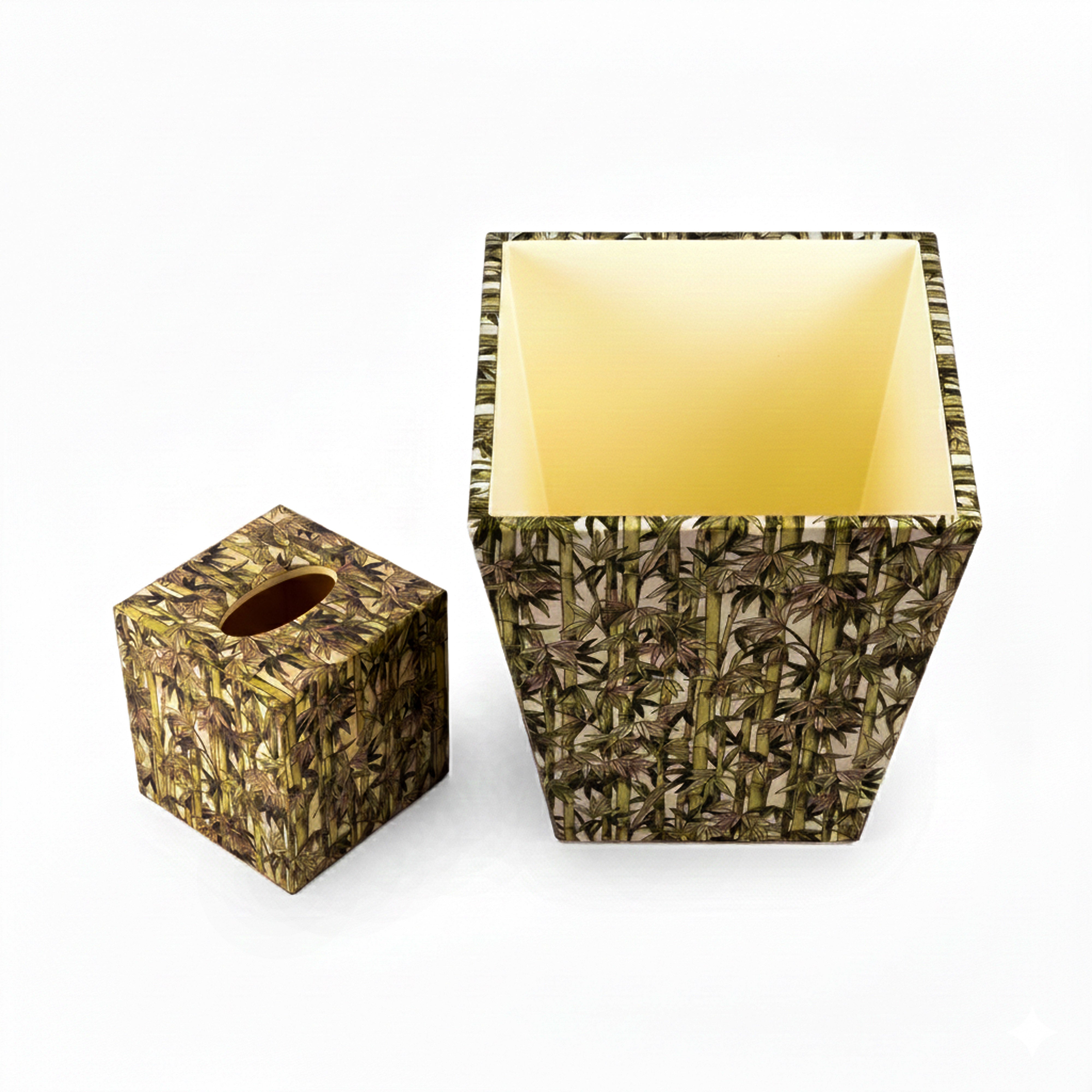 Pacific Connections. A Set of Wastebasket & Tissue Box in Bamboo Leaves Design