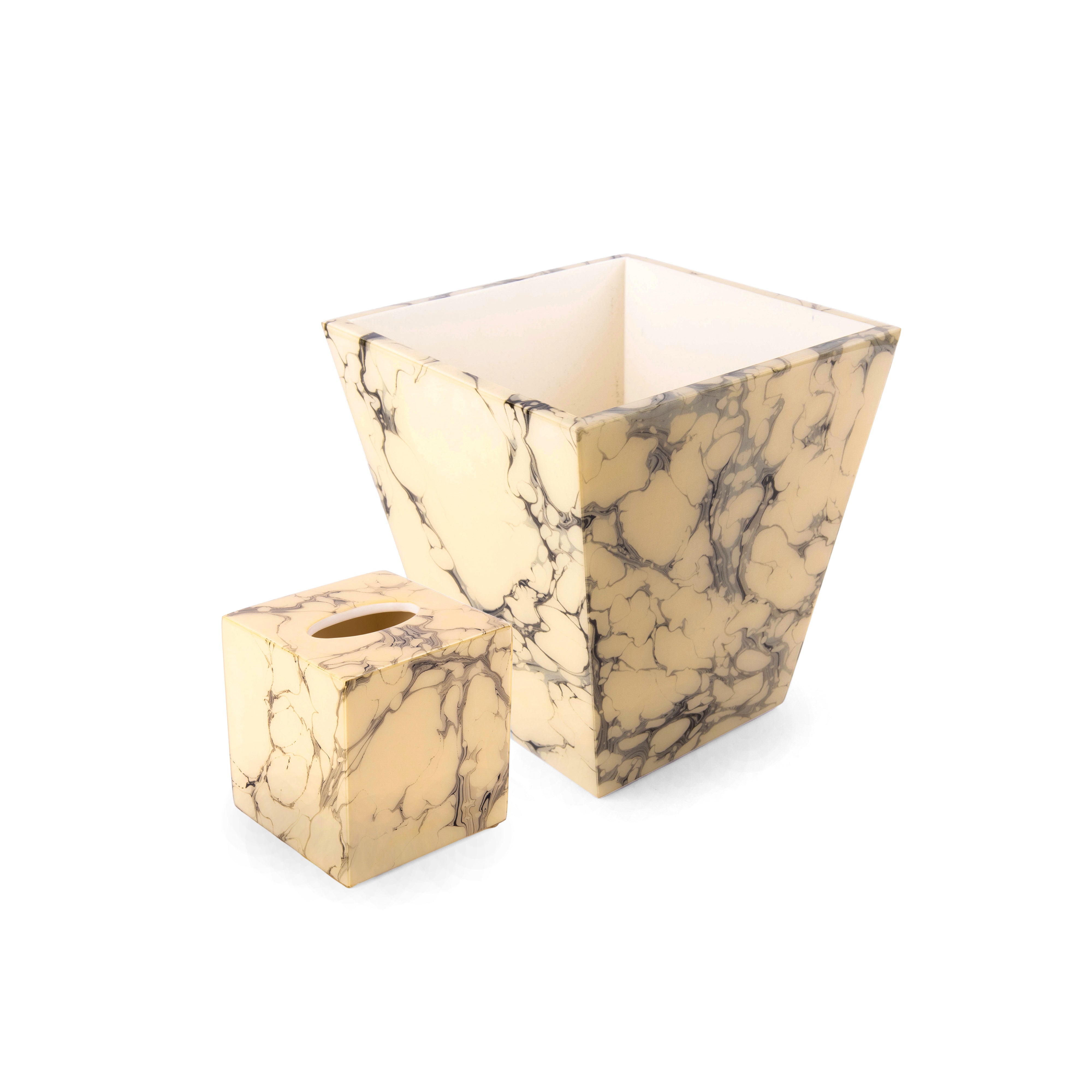 Pacific Connections. Cream Carrara Set of Wastebasket & Tissue Box