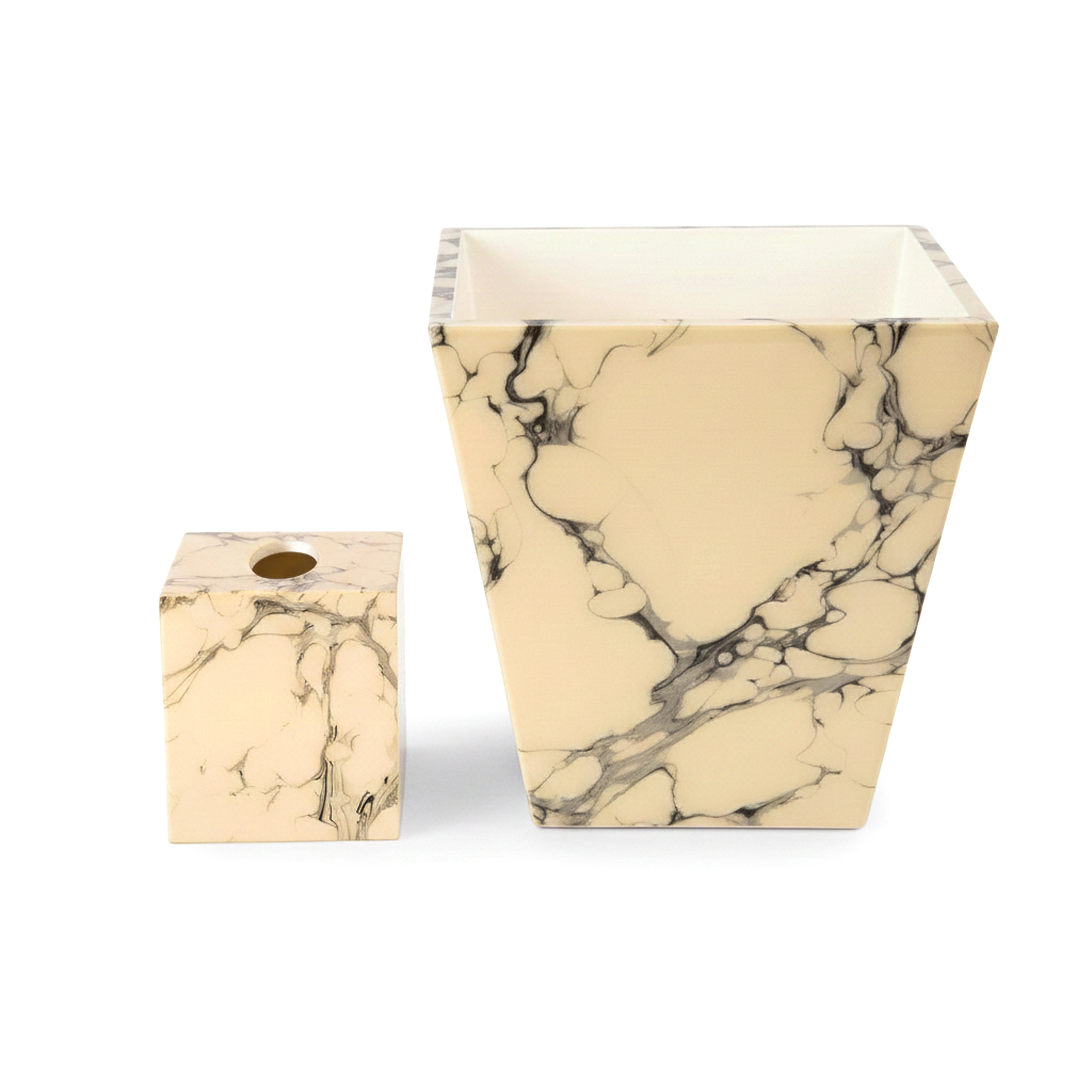 Pacific Connections. Cream Carrara Set of Wastebasket & Tissue Box