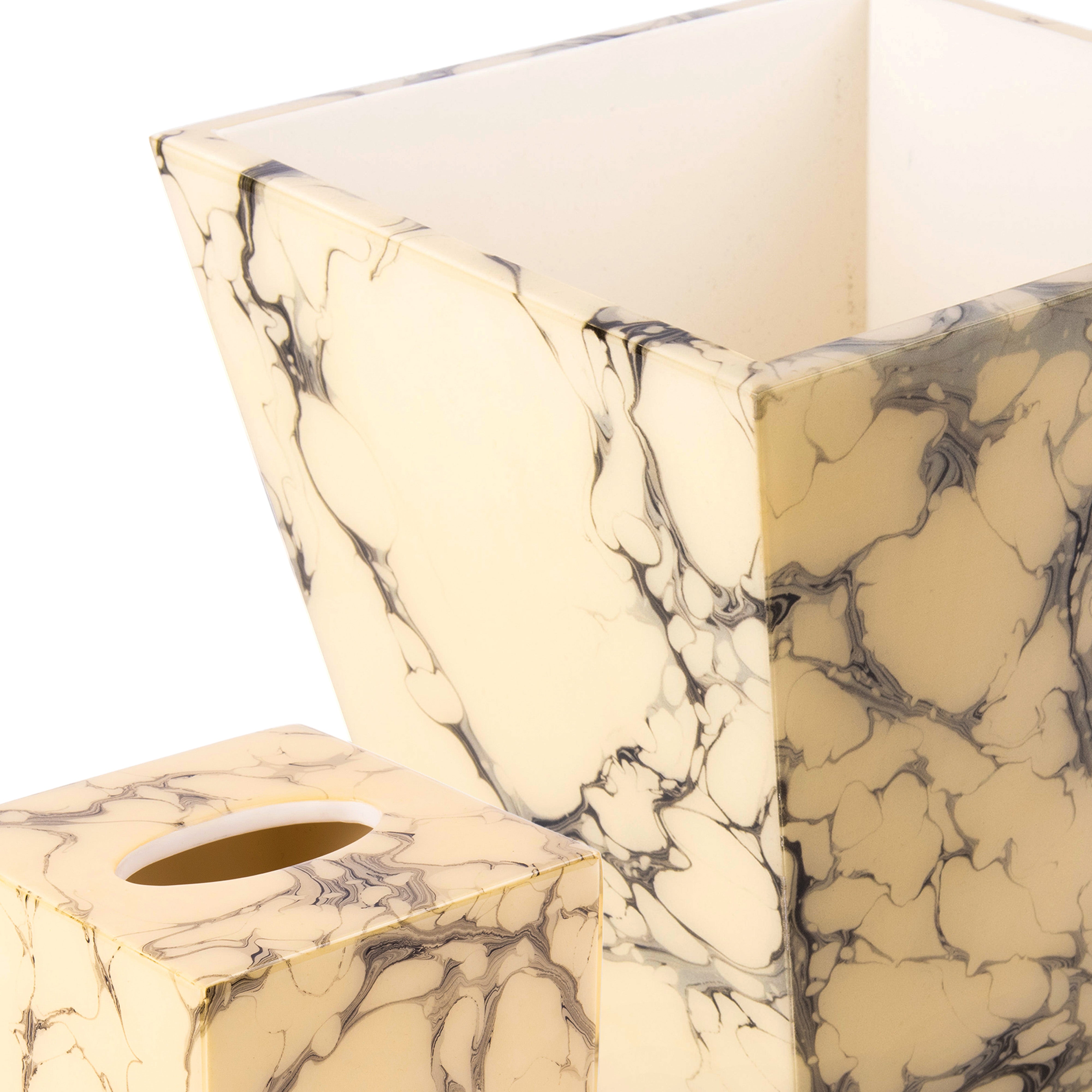 Pacific Connections. Cream Carrara Set of Wastebasket & Tissue Box