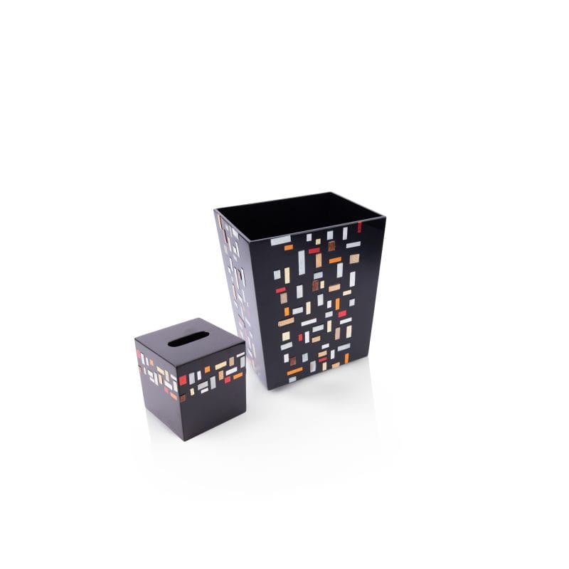 J. Fleet Designs. A Set of Black Wooden Tissue Box & Wastebasket in Checkered Blocks Design