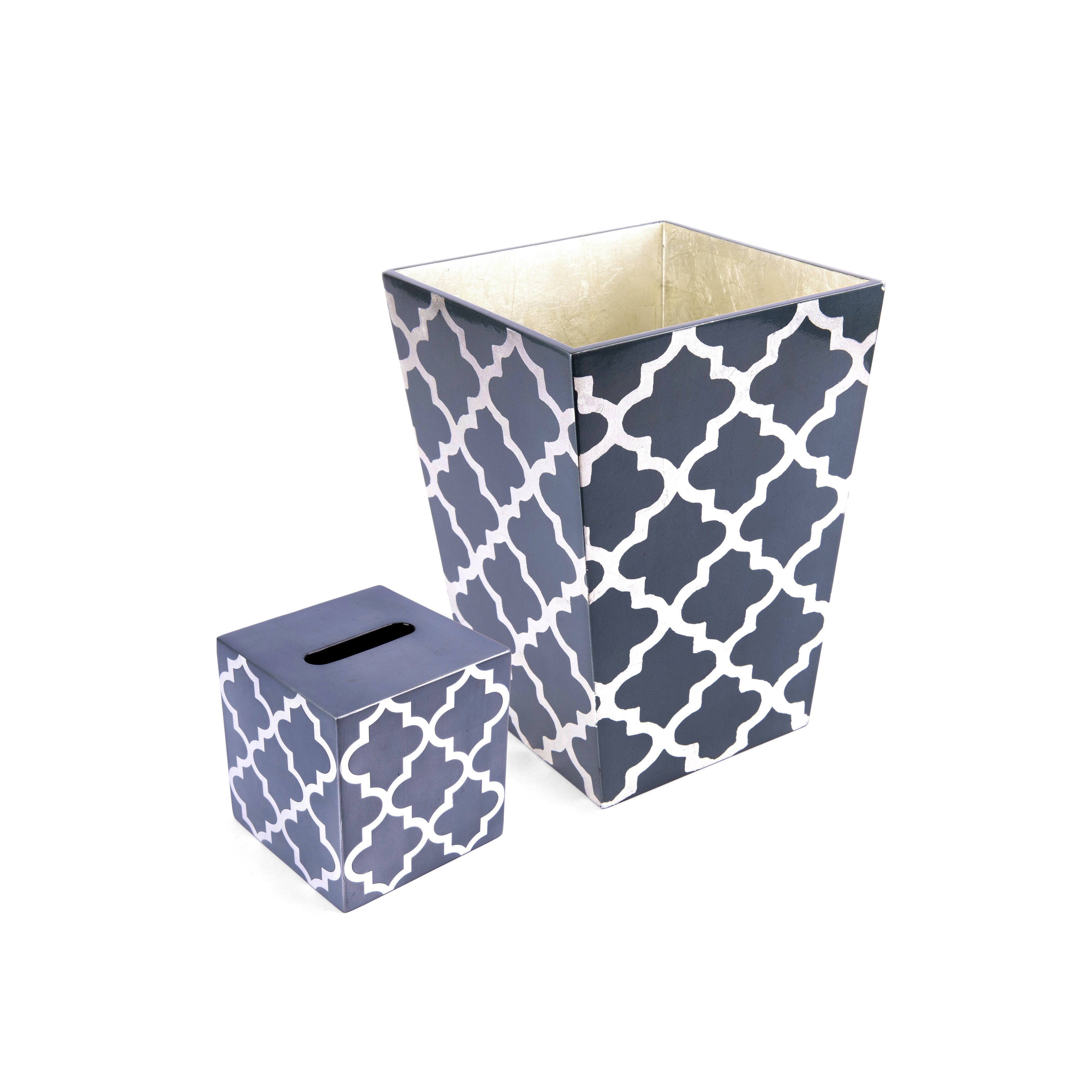 J. Fleet Designs. A Set of Dark Grey Tissue Box & Wastebasket in Arabesque Print
