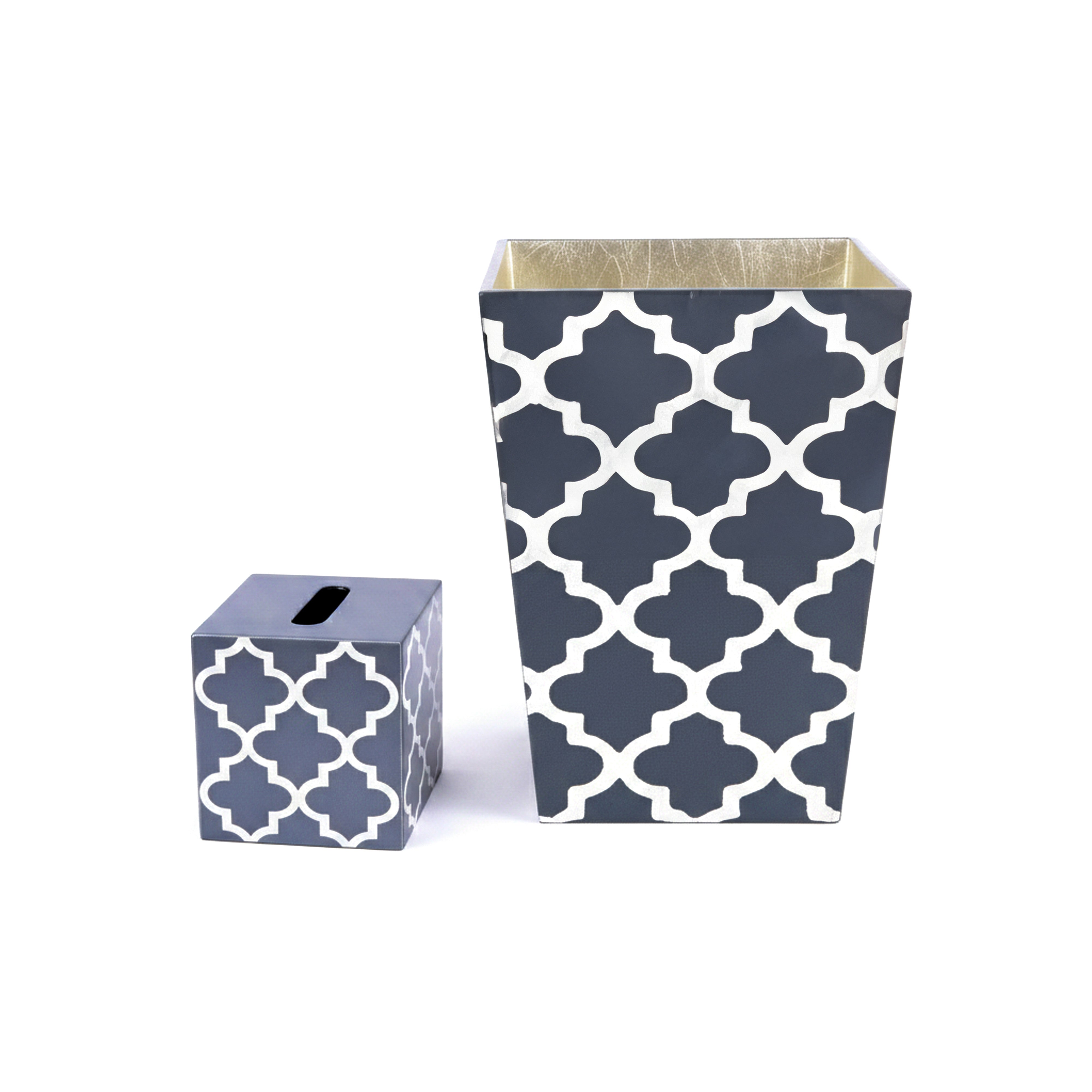J. Fleet Designs. A Set of Dark Grey Tissue Box & Wastebasket in Arabesque Print