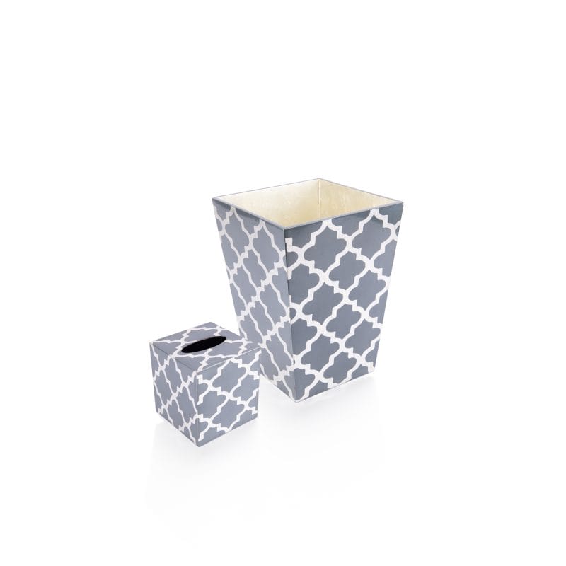J. Fleet Designs. A Set of Dark Grey Tissue Box & Wastebasket in Arabesque Print