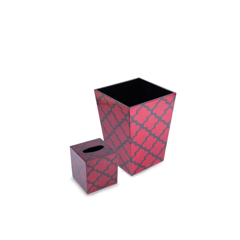 J. Fleet Designs. A Set of Red Tissue Box & Wastebasket in Arabesque Print