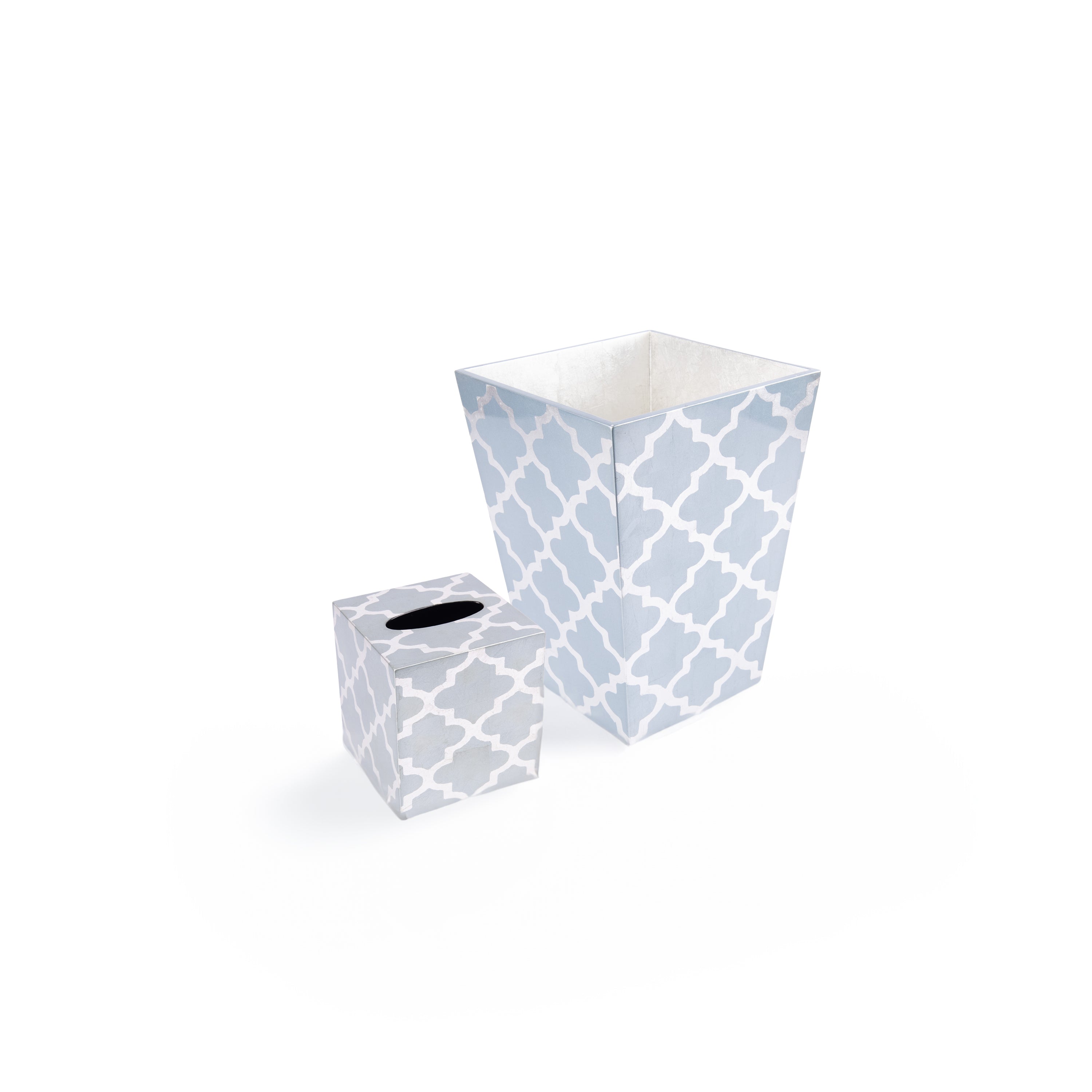J. Fleet Designs. A Set of Light Grey Tissue Box & Wastebasket in Arabesque Print