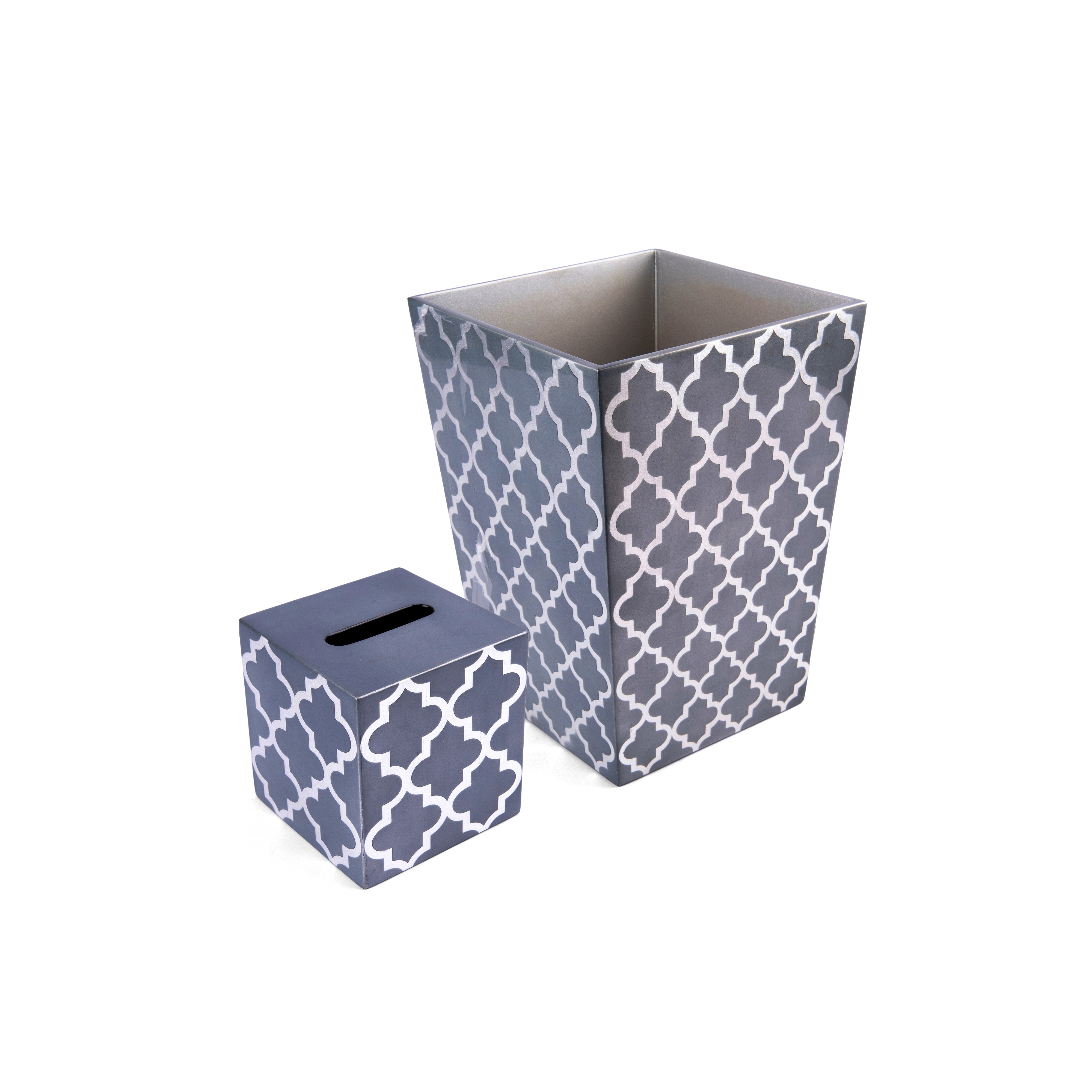J. Fleet Designs. A Set of Grey Wooden Tissue Box & Wastebasket in Arabesque Print