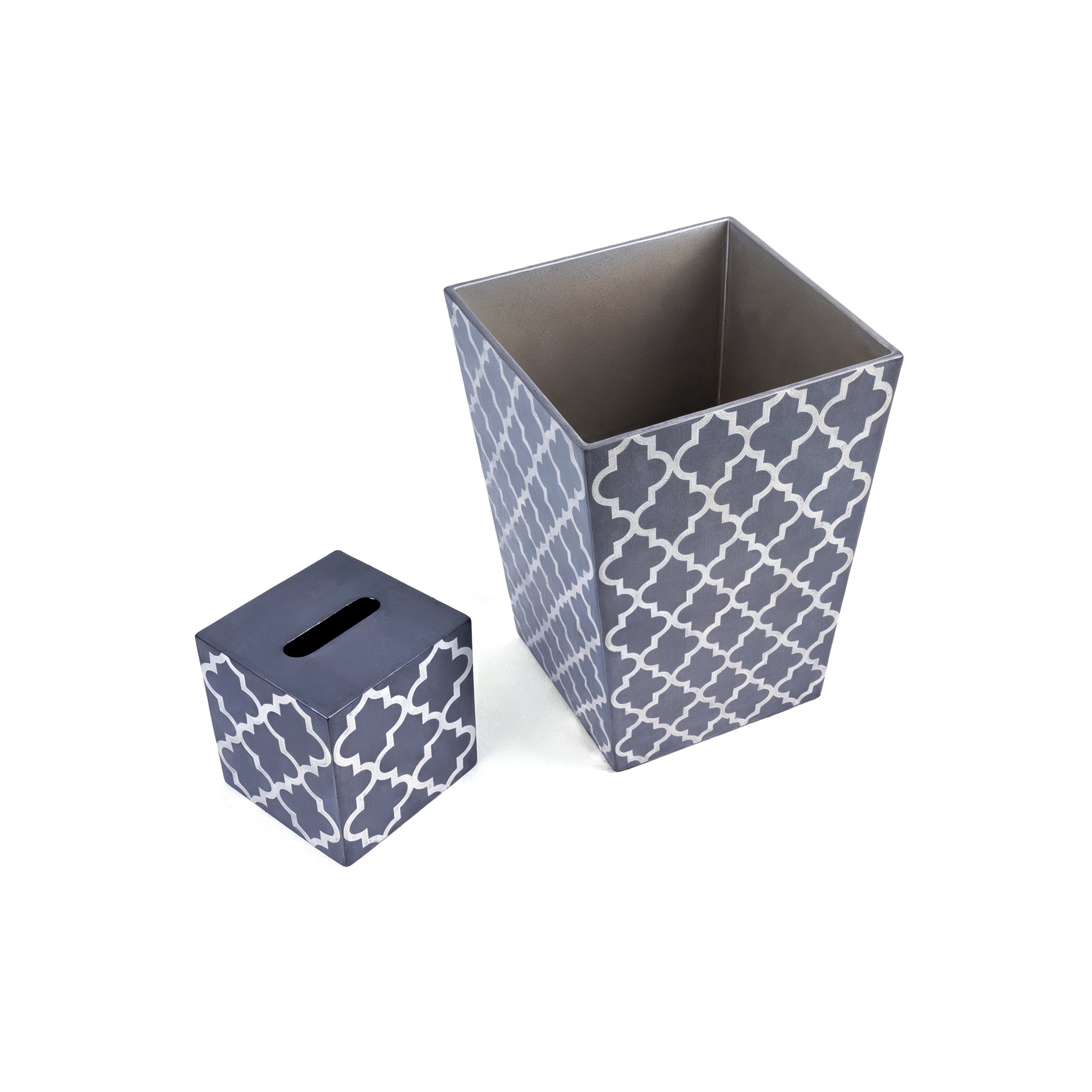 J. Fleet Designs. A Set of Grey Wooden Tissue Box & Wastebasket in Arabesque Print