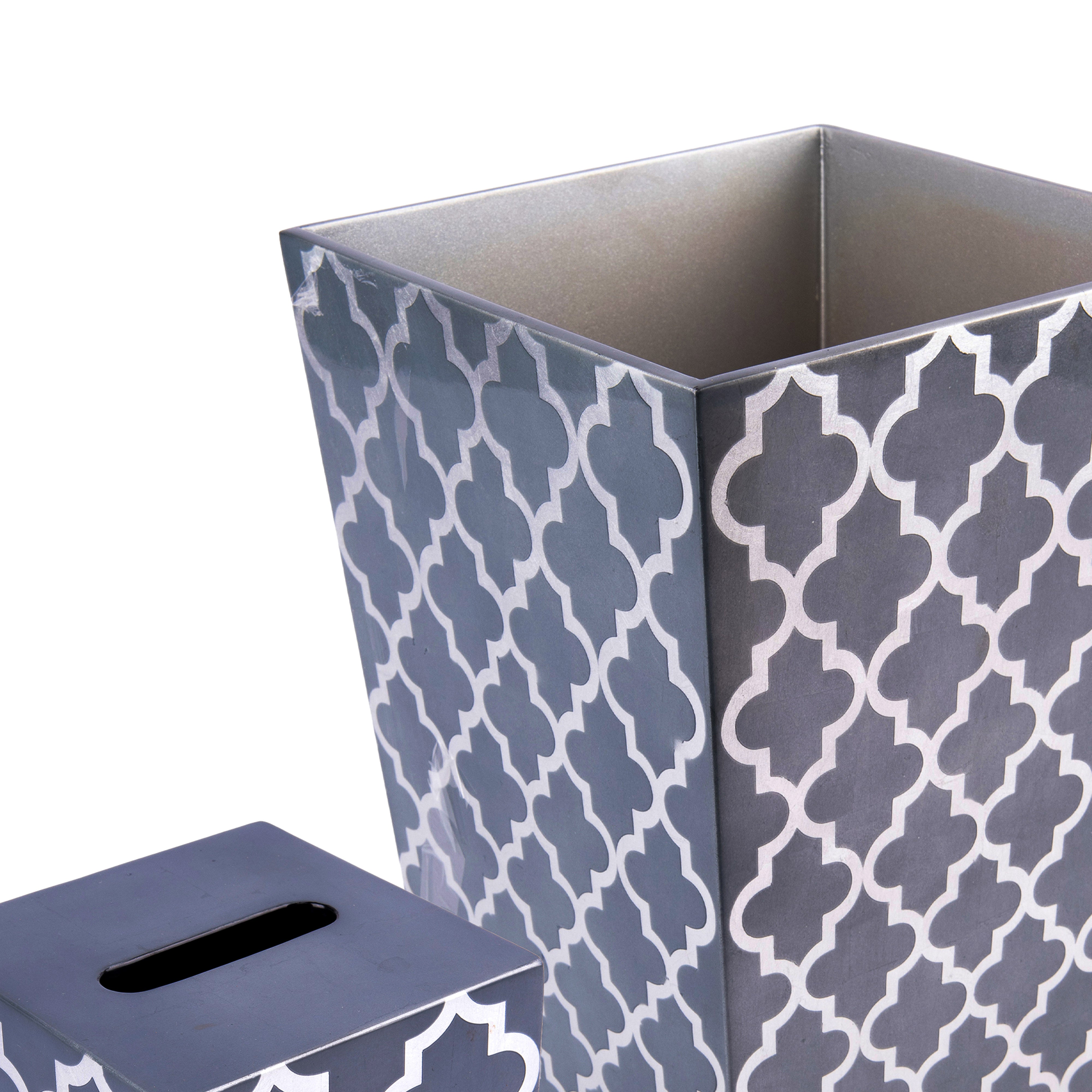 J. Fleet Designs. A Set of Grey Wooden Tissue Box & Wastebasket in Arabesque Print