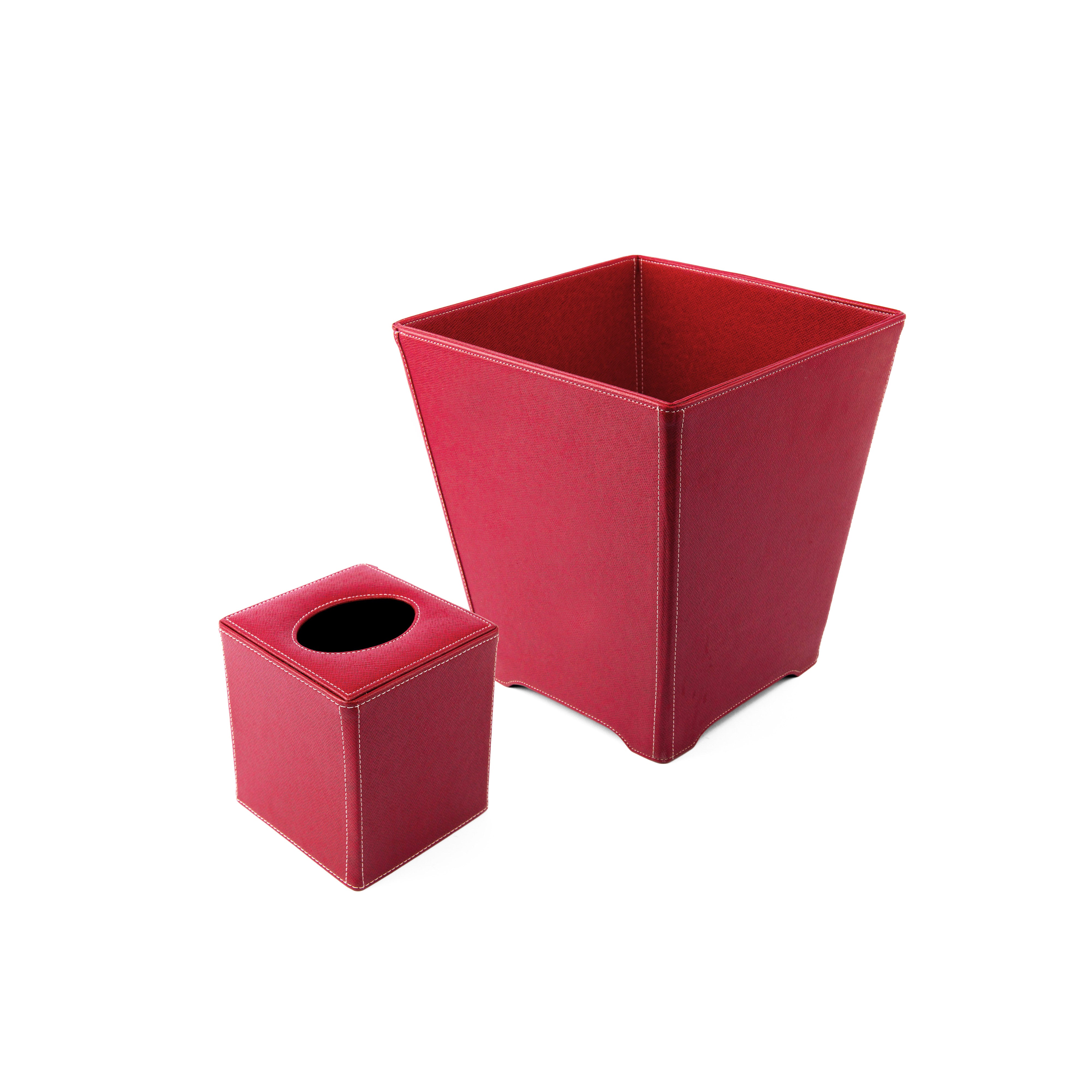 Habitat International. A Set of Red Leather Tissue Box & Wastebasket.