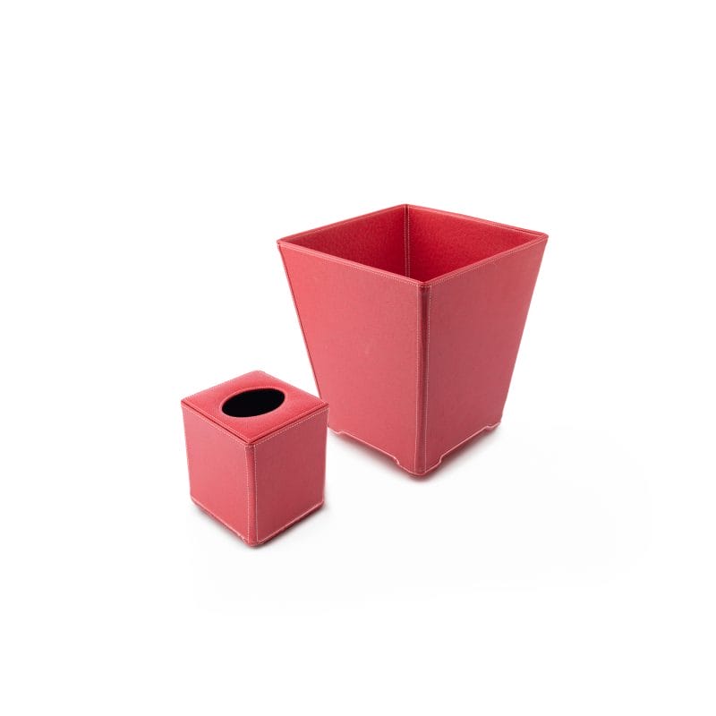 Habitat International. A Set of Red Leather Tissue Box & Wastebasket.