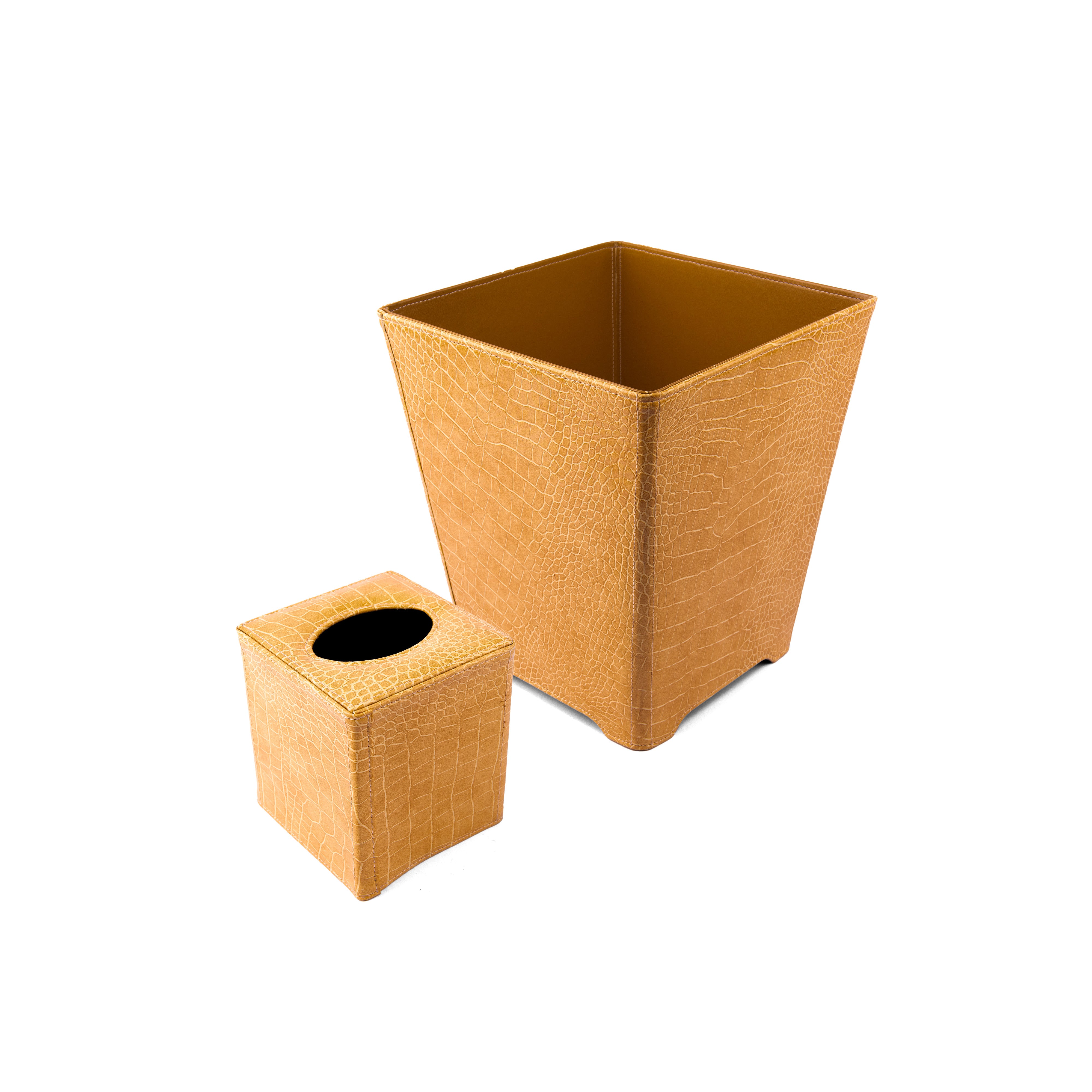 Habitat International. A Set of Leather Tissue Box & Wastebasket.