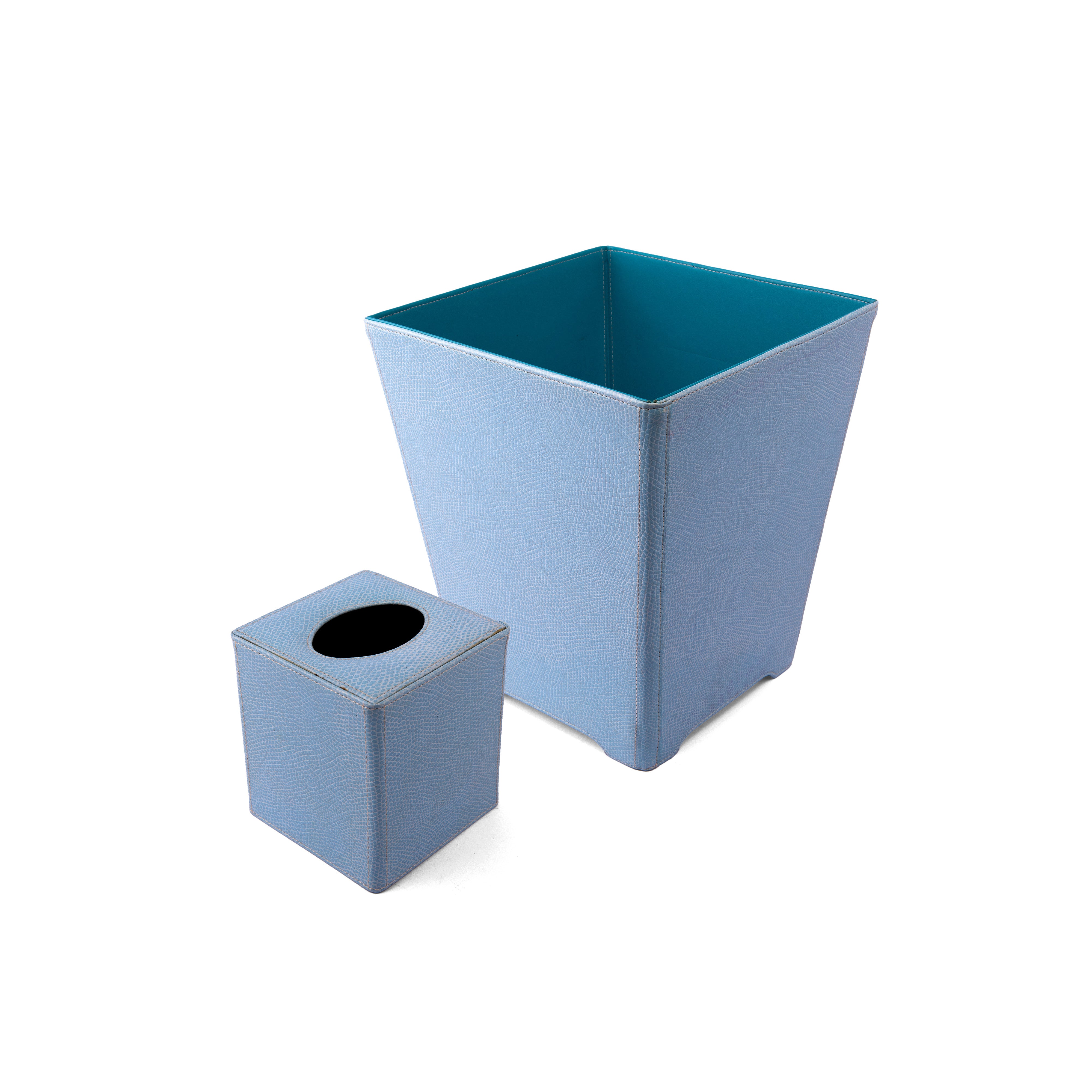 Habitat International. A Set of Blue Leather Tissue Box & Wastebasket.