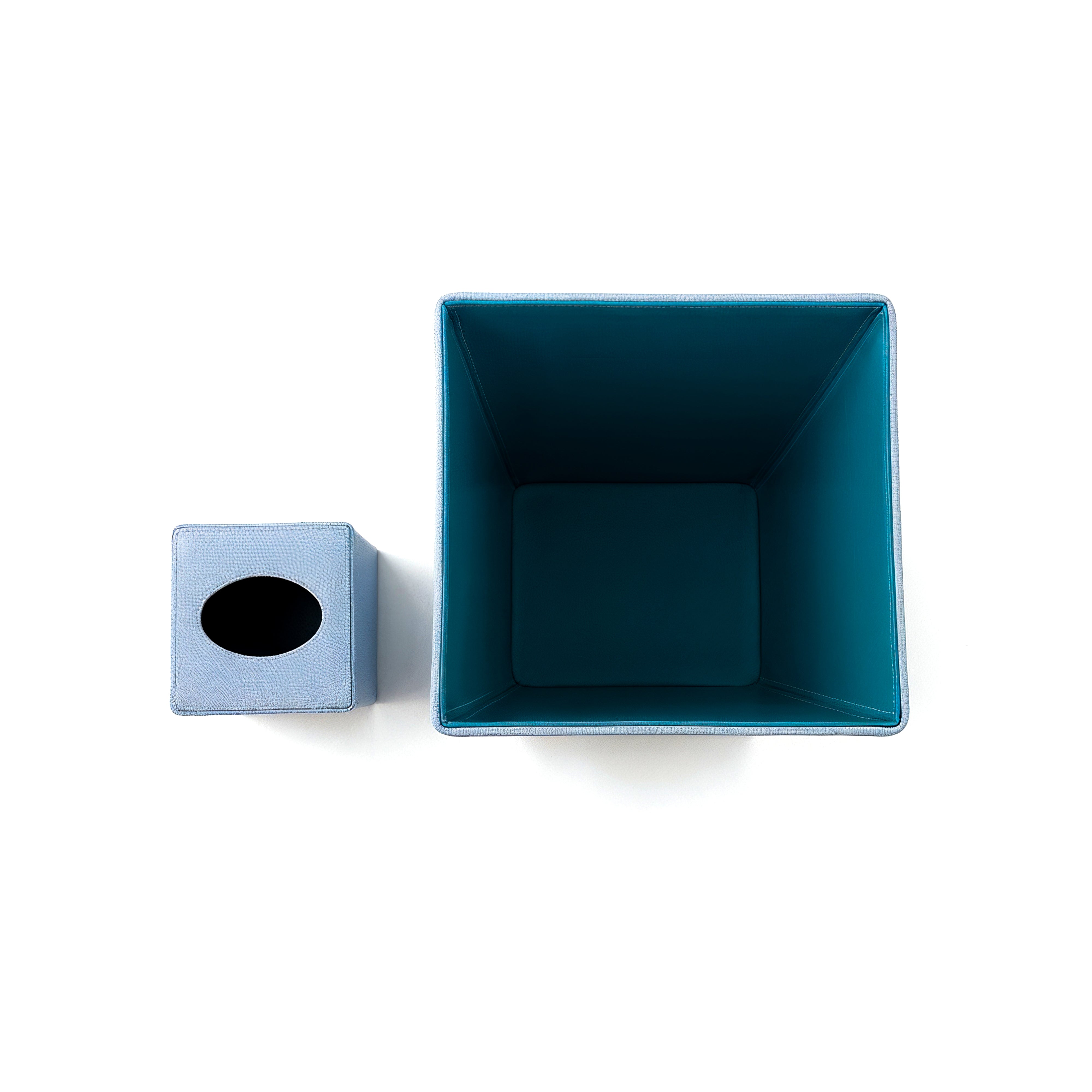 Habitat International. A Set of Blue Leather Tissue Box & Wastebasket.