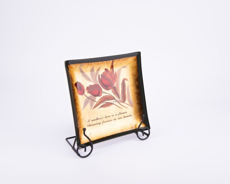 Ken. Square Glass Decorative Plate with Inscription. Medium Size