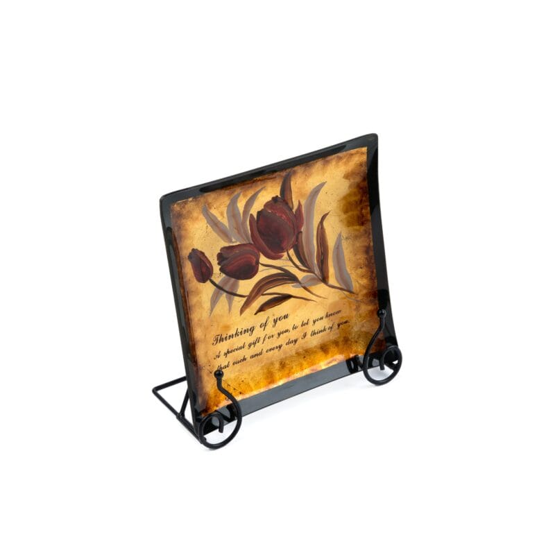 Ken. Square Glass Decorative Plate with Inscription. Medium Size