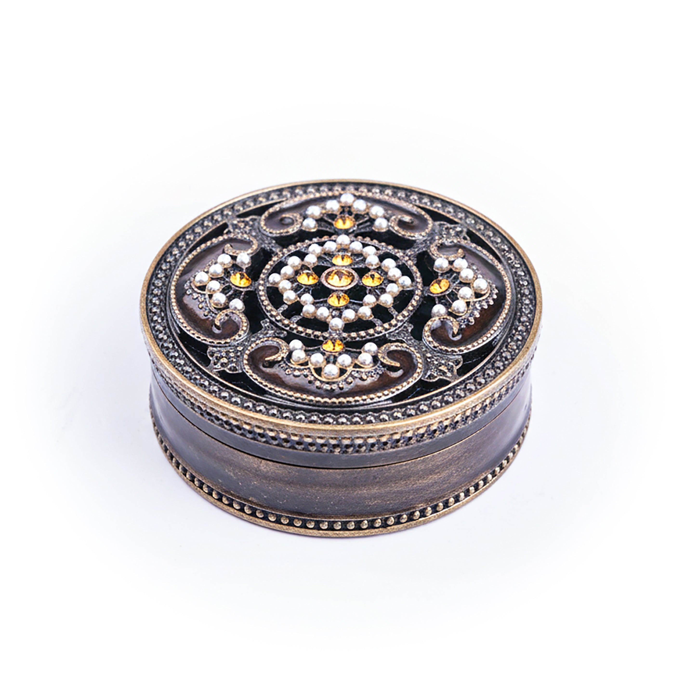 Welforth. Bronze & Amber Round Souvenir Box.