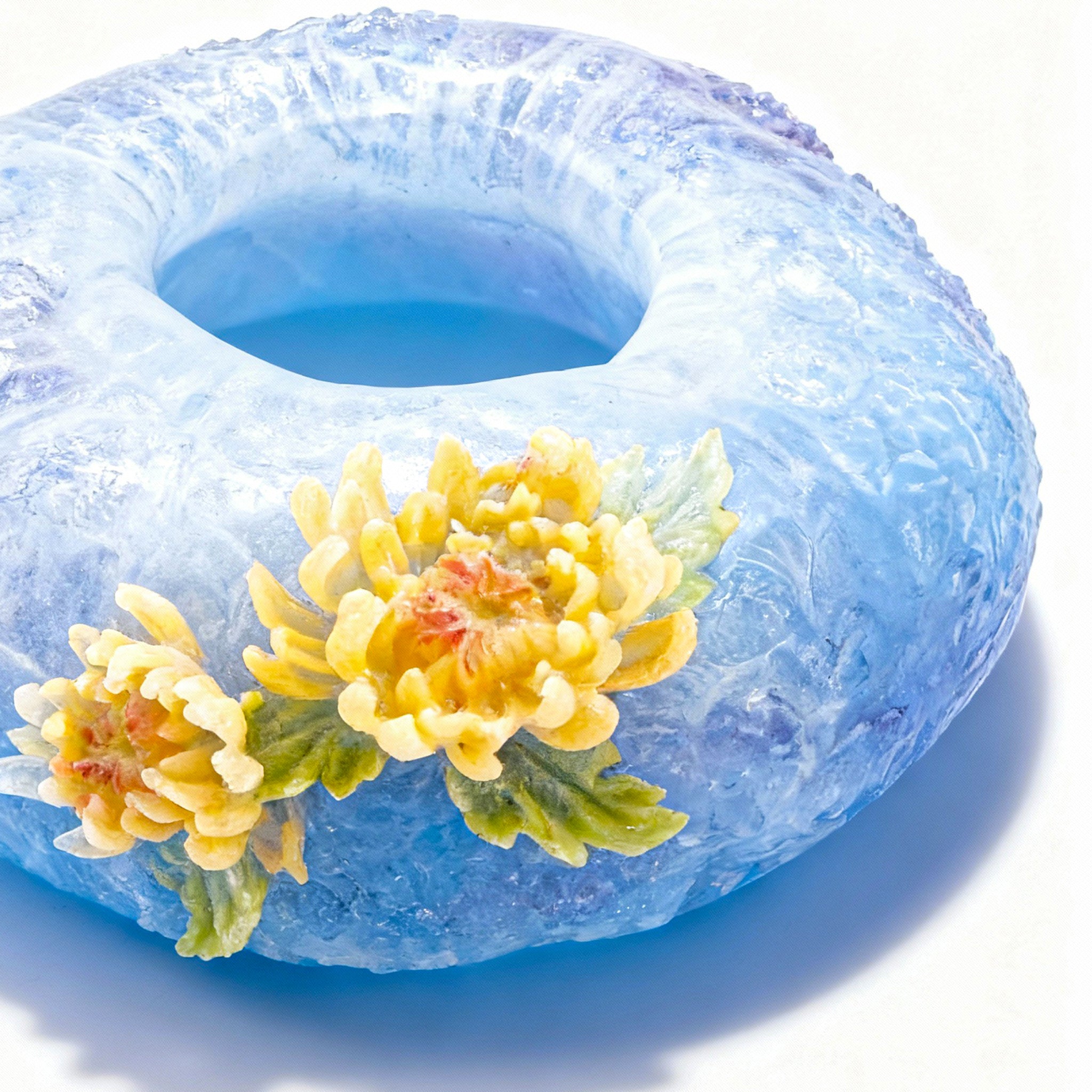 Liuligongfang Glass. Blue Crystal Figurine Designed with Yellow Blooms. Small Size