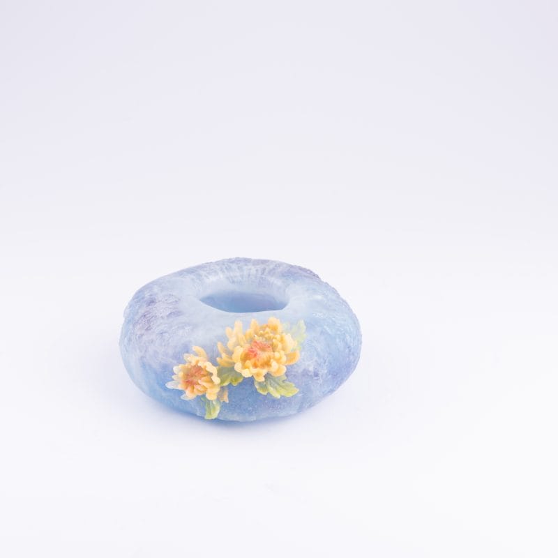 Liuligongfang Glass. Blue Crystal Figurine Designed with Yellow Blooms. Small Size