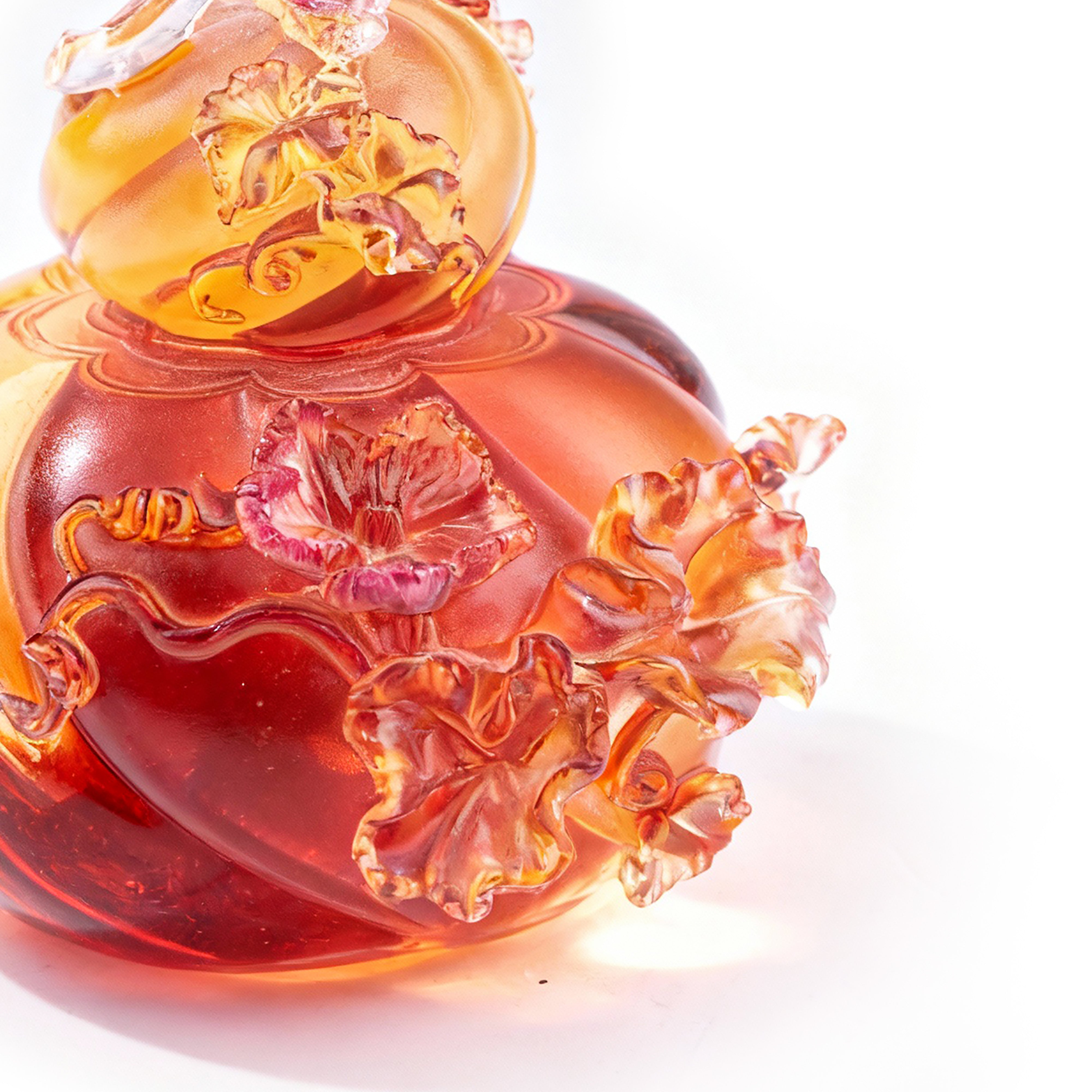 Liuligongfang Glass. Amber Crystal Figurine with Flowers. Small Size