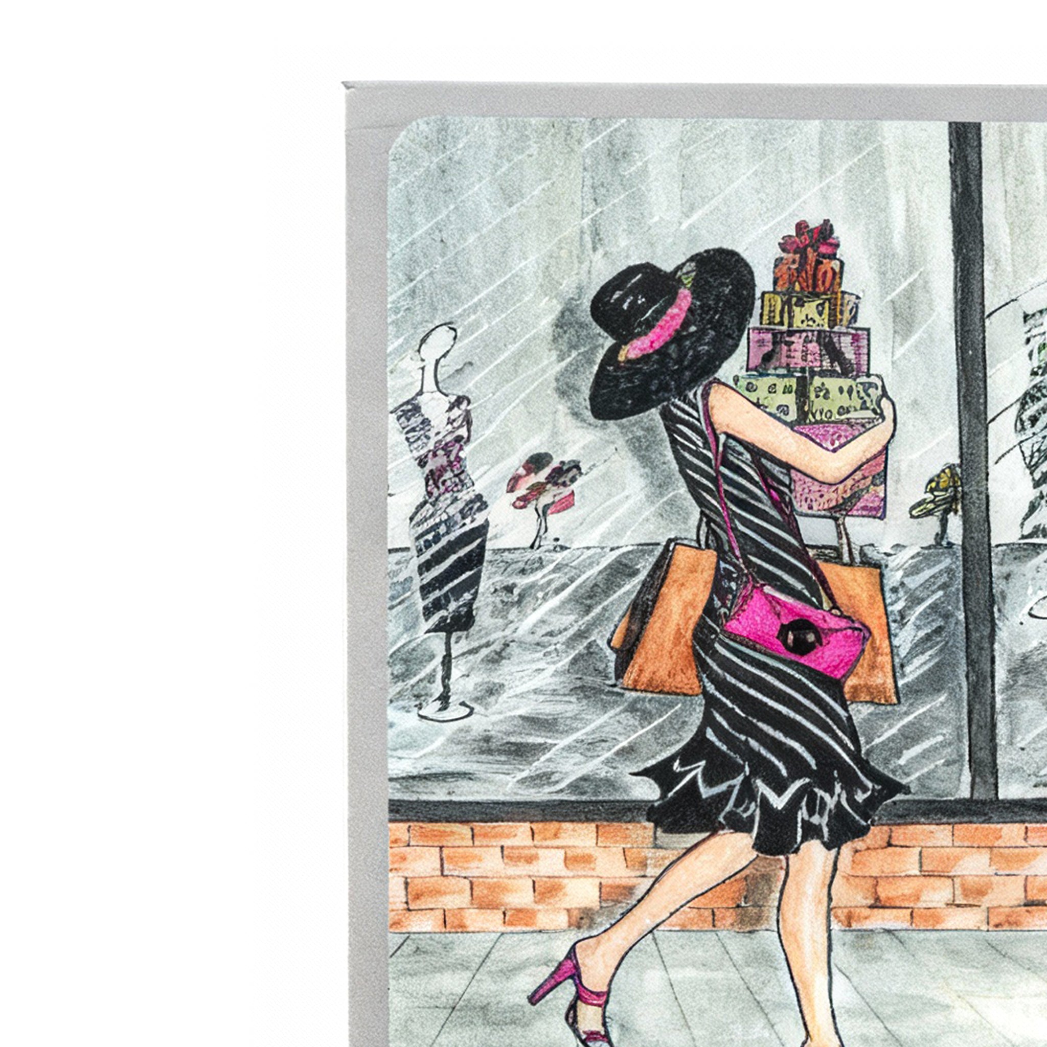 Personalized Expressions. Silver Card Holder with a Shopping Lady Illustration. Small Size