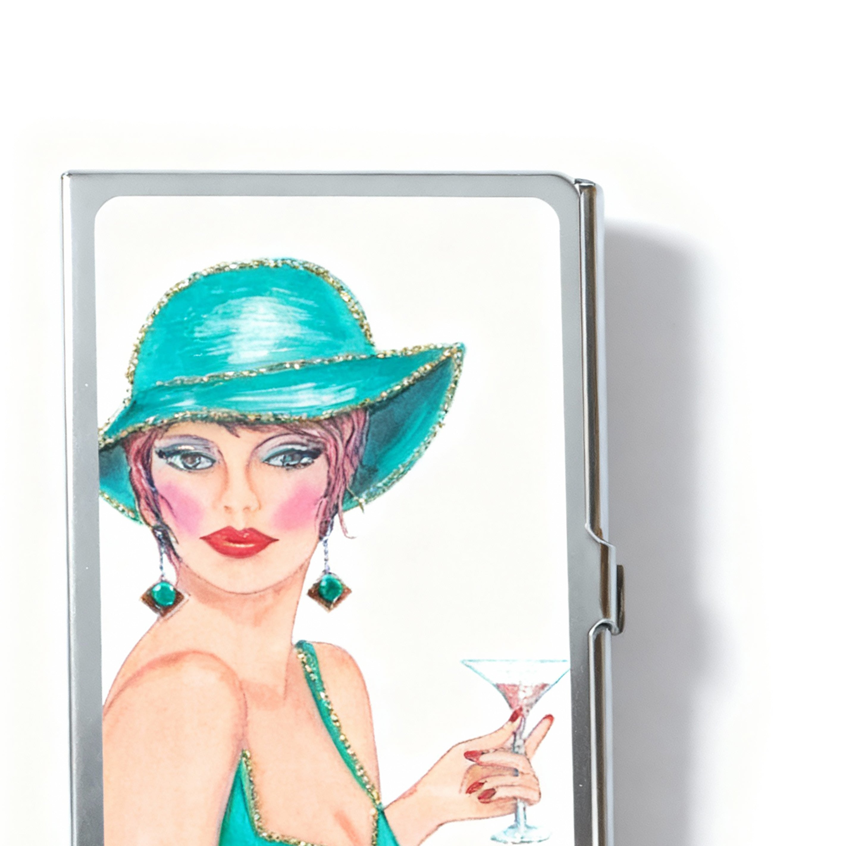 Personalized Expressions. Silver Card Holder with a Lady in Blue Illustration. Small Size