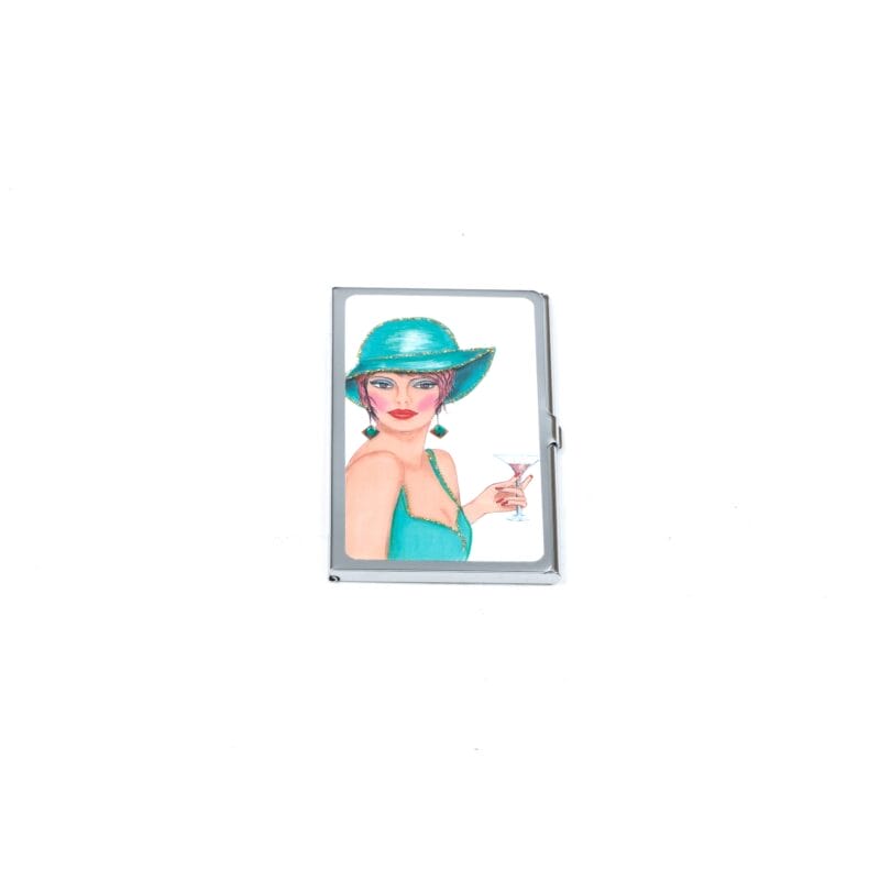 Personalized Expressions. Silver Card Holder with a Lady in Blue Illustration. Small Size
